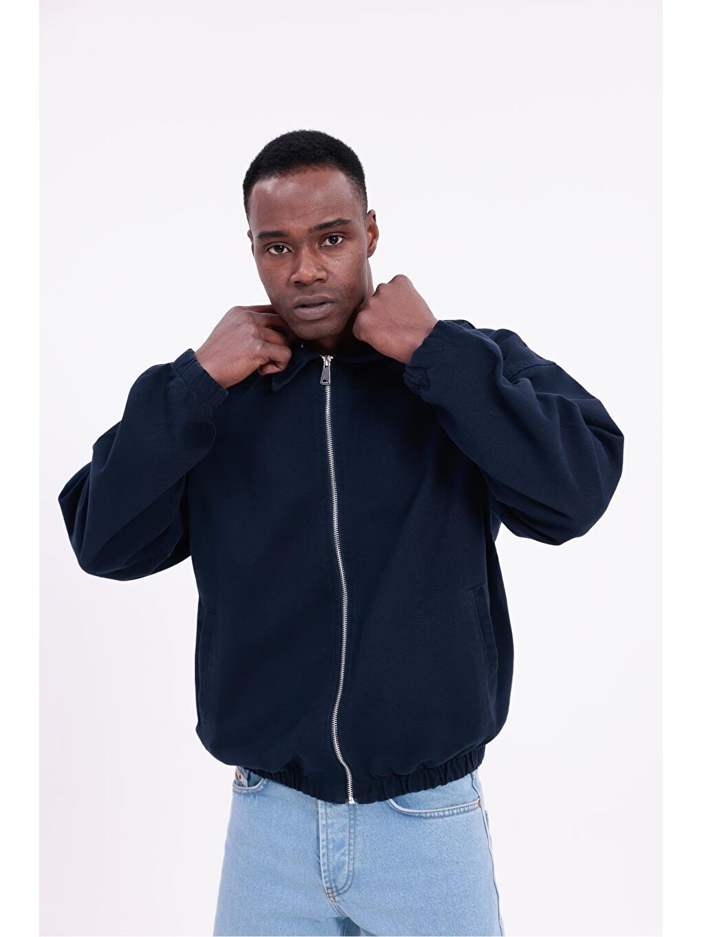 Lacivert Erkek Basic Gabardin Kumaş Fermuarlı Oversize Mevsimlik Polo Yaka Ceket-1