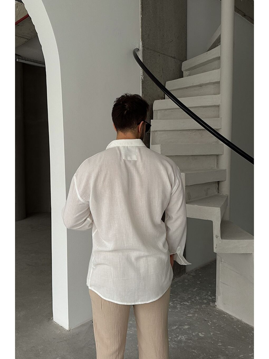 Beyaz Napas Erkek Oversize Keten Görünümlü Gömlek-6