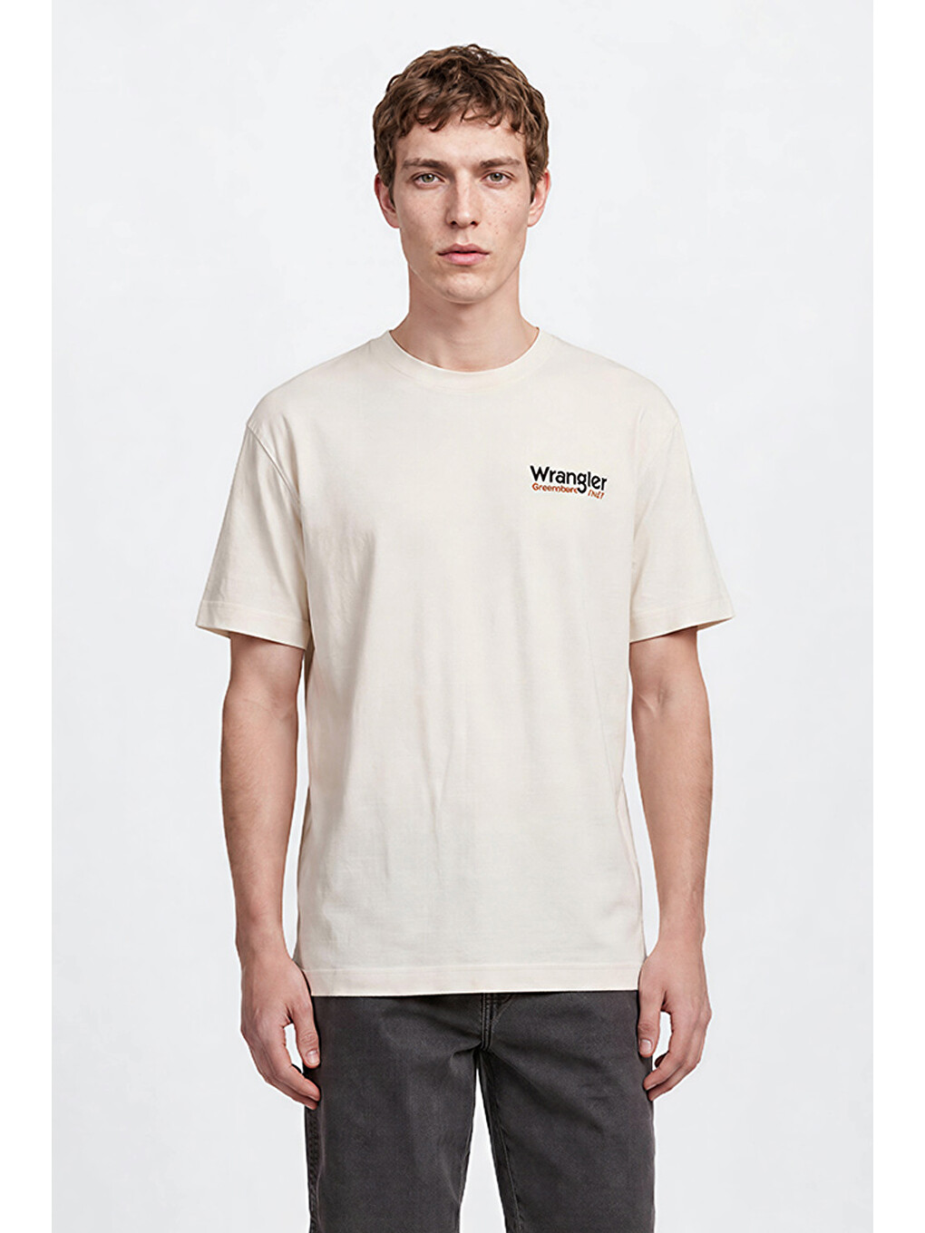 Bej %100 Pamuk Relaxed Fit Rahat Kesim Bisiklet Yaka Logo Detaylı Tişört-3