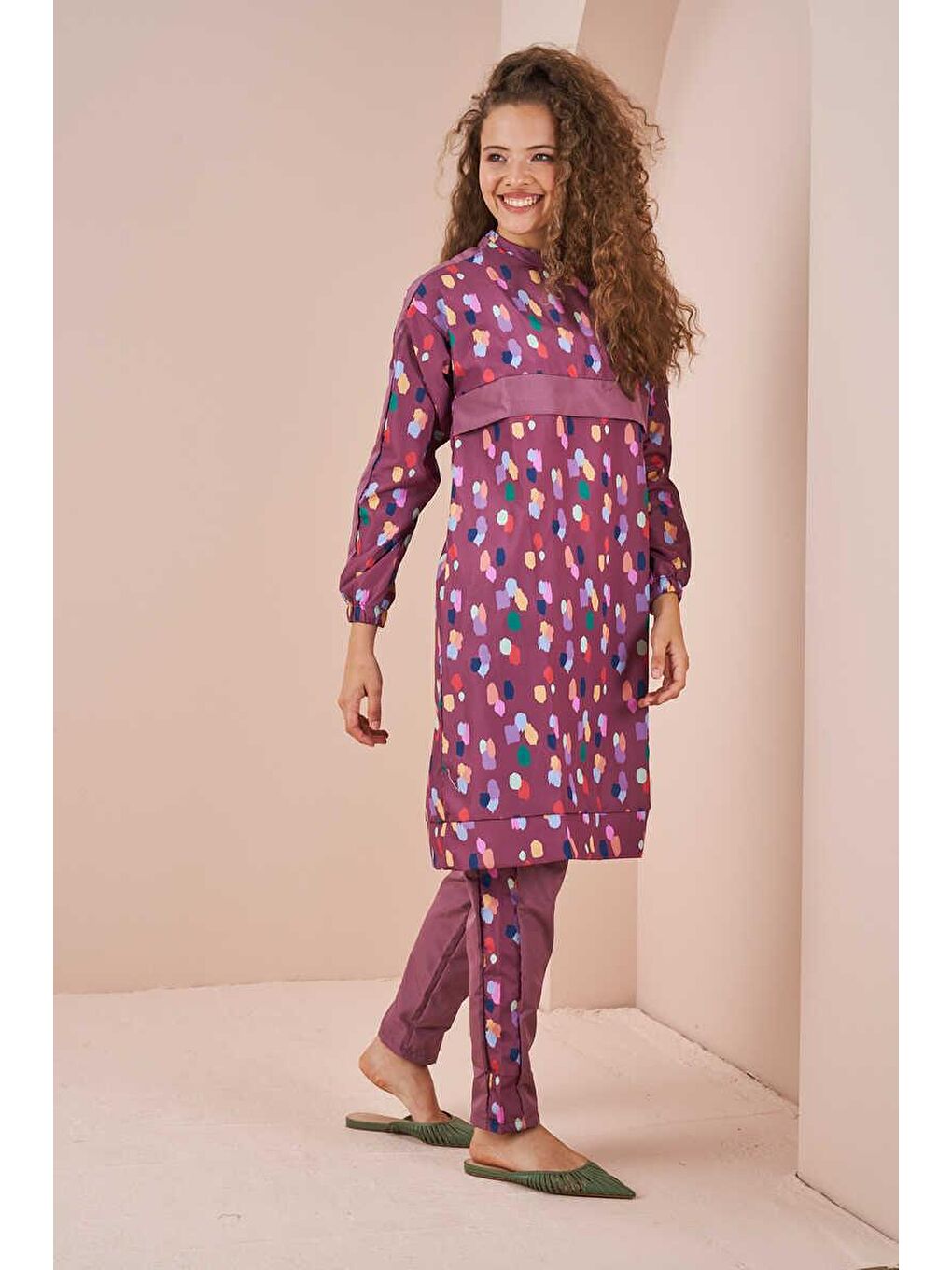 Pembe Puantiye Desen Tesettür Mayo Kısa Gül Kurusu-3