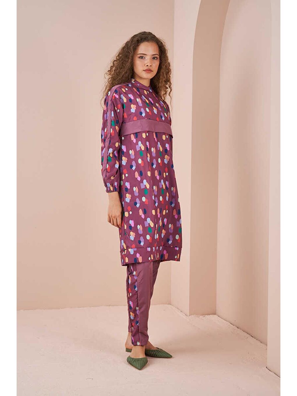 Pembe Puantiye Desen Tesettür Mayo Kısa Gül Kurusu-4