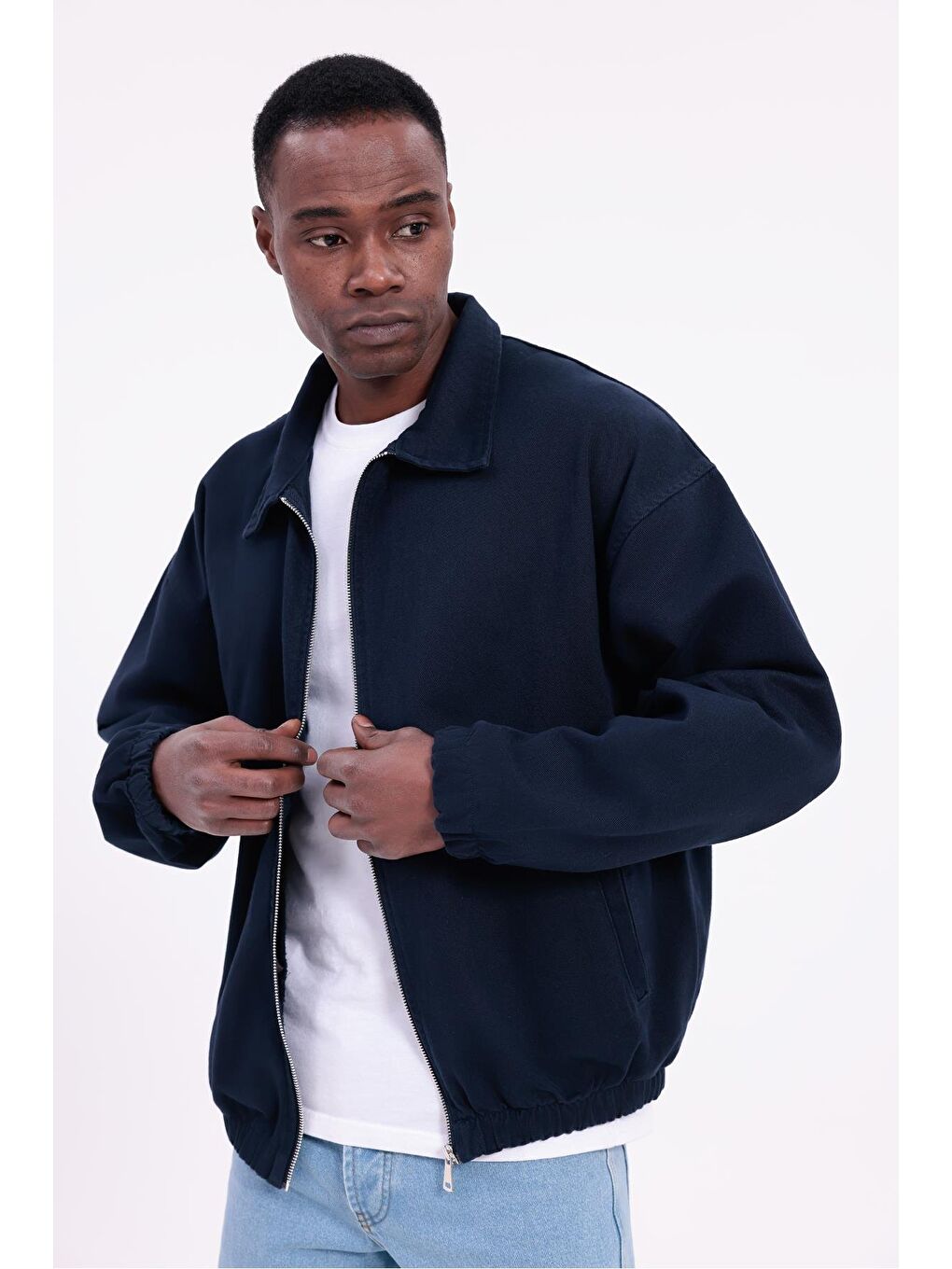 Lacivert Erkek Basic Gabardin Kumaş Fermuarlı Oversize Mevsimlik Polo Yaka Ceket-2