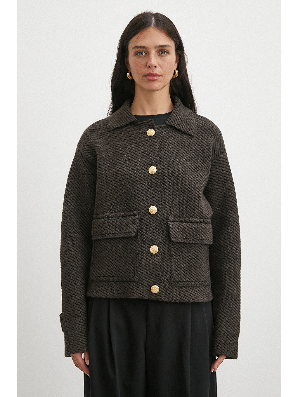 Karışık Polo Yaka Cepli Gold Düğmeli Ceket Kahve-3