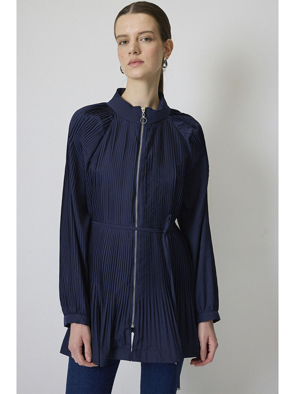 Lacivert Pileli Önü Fermuarlı Ceket-1