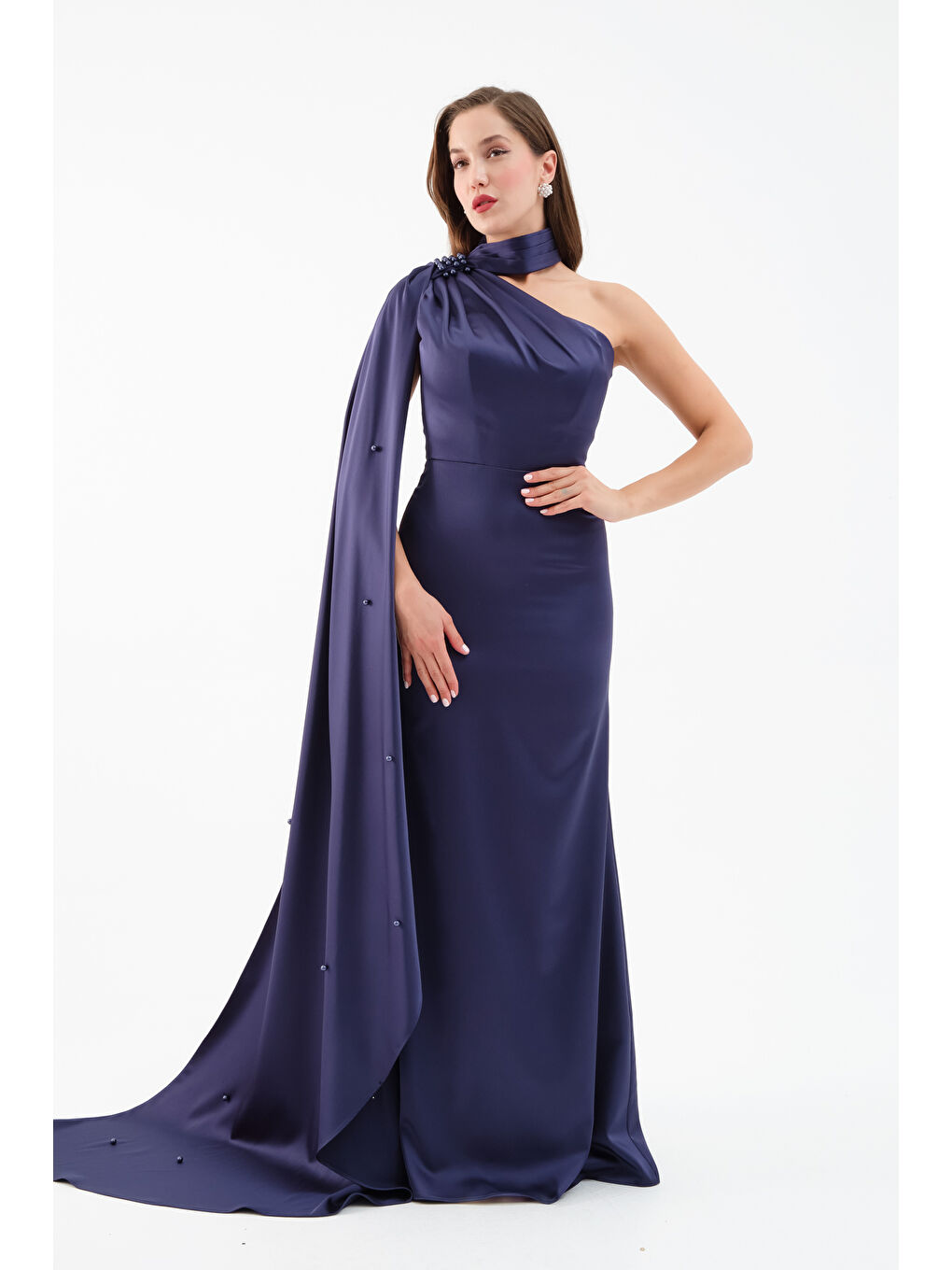 Kadın Lacivert Şal Yaka İnci Söz Nişan Nikah Abiye Elbise-1