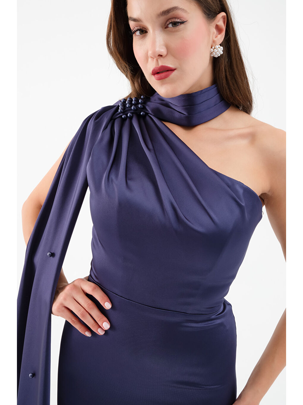 Kadın Lacivert Şal Yaka İnci Söz Nişan Nikah Abiye Elbise-2