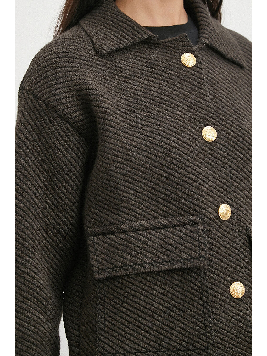 Karışık Polo Yaka Cepli Gold Düğmeli Ceket Kahve-4