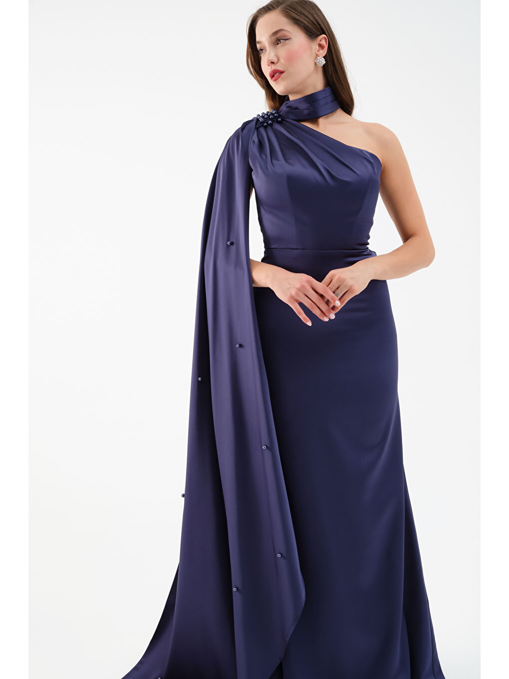 Kadın Lacivert Şal Yaka İnci Söz Nişan Nikah Abiye Elbise-3