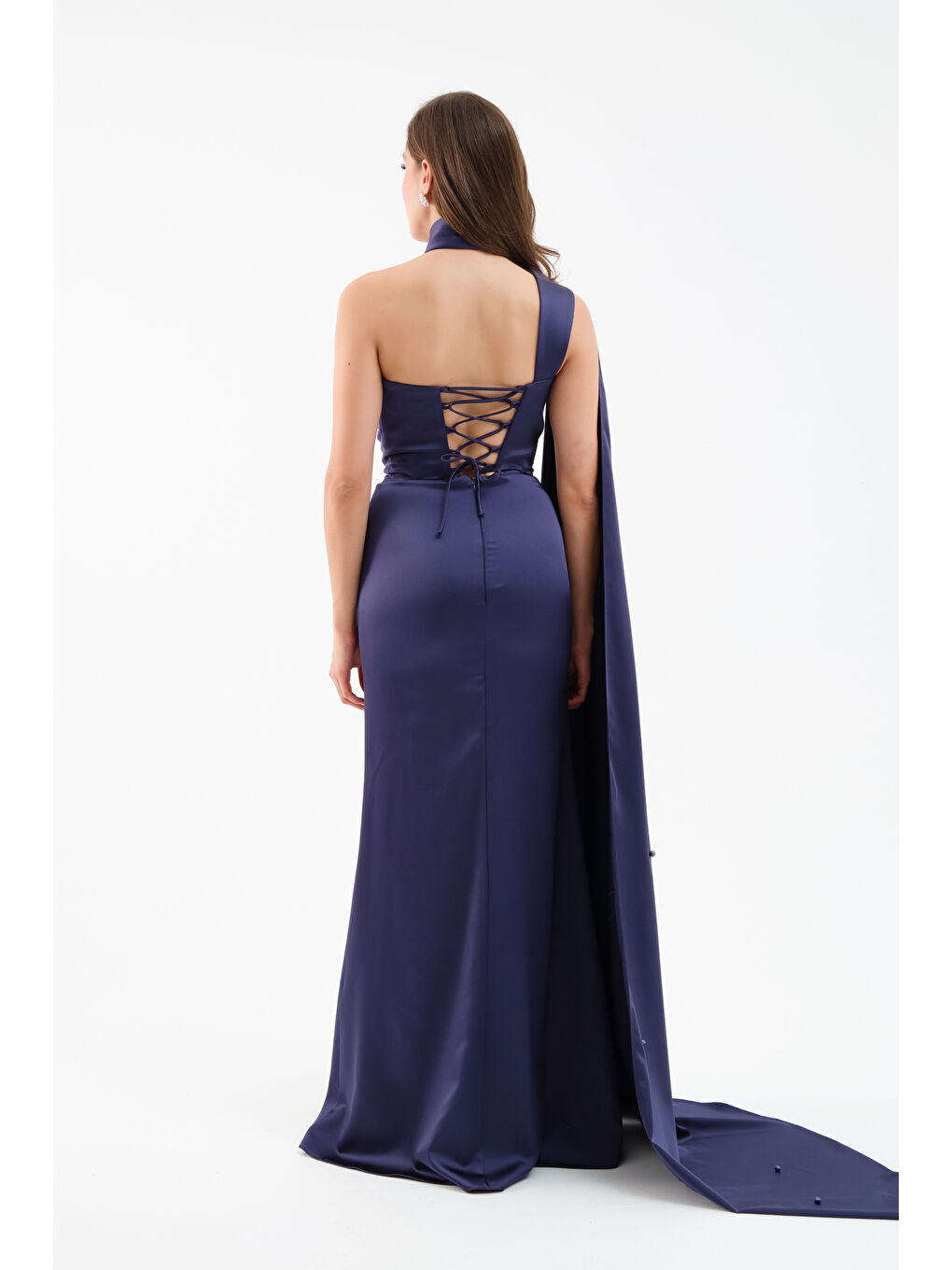 Kadın Lacivert Şal Yaka İnci Söz Nişan Nikah Abiye Elbise-4