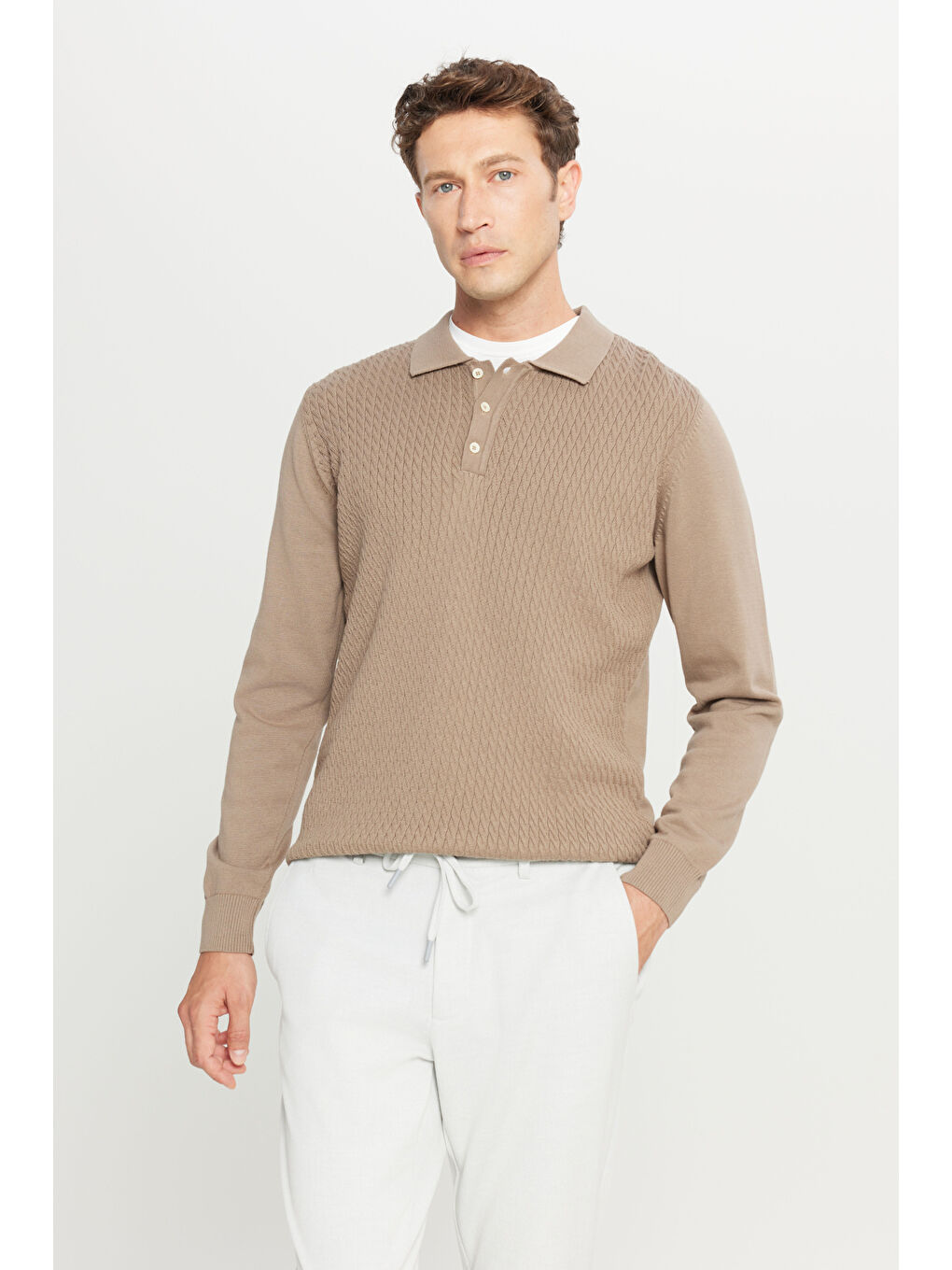 Bej Erkek Vizon %100 Pamuk Standart Fit Normal Kesim Polo Yaka Jakarlı Triko Kazak-2