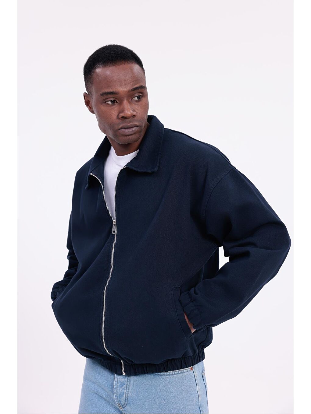 Lacivert Erkek Basic Gabardin Kumaş Fermuarlı Oversize Mevsimlik Polo Yaka Ceket-3
