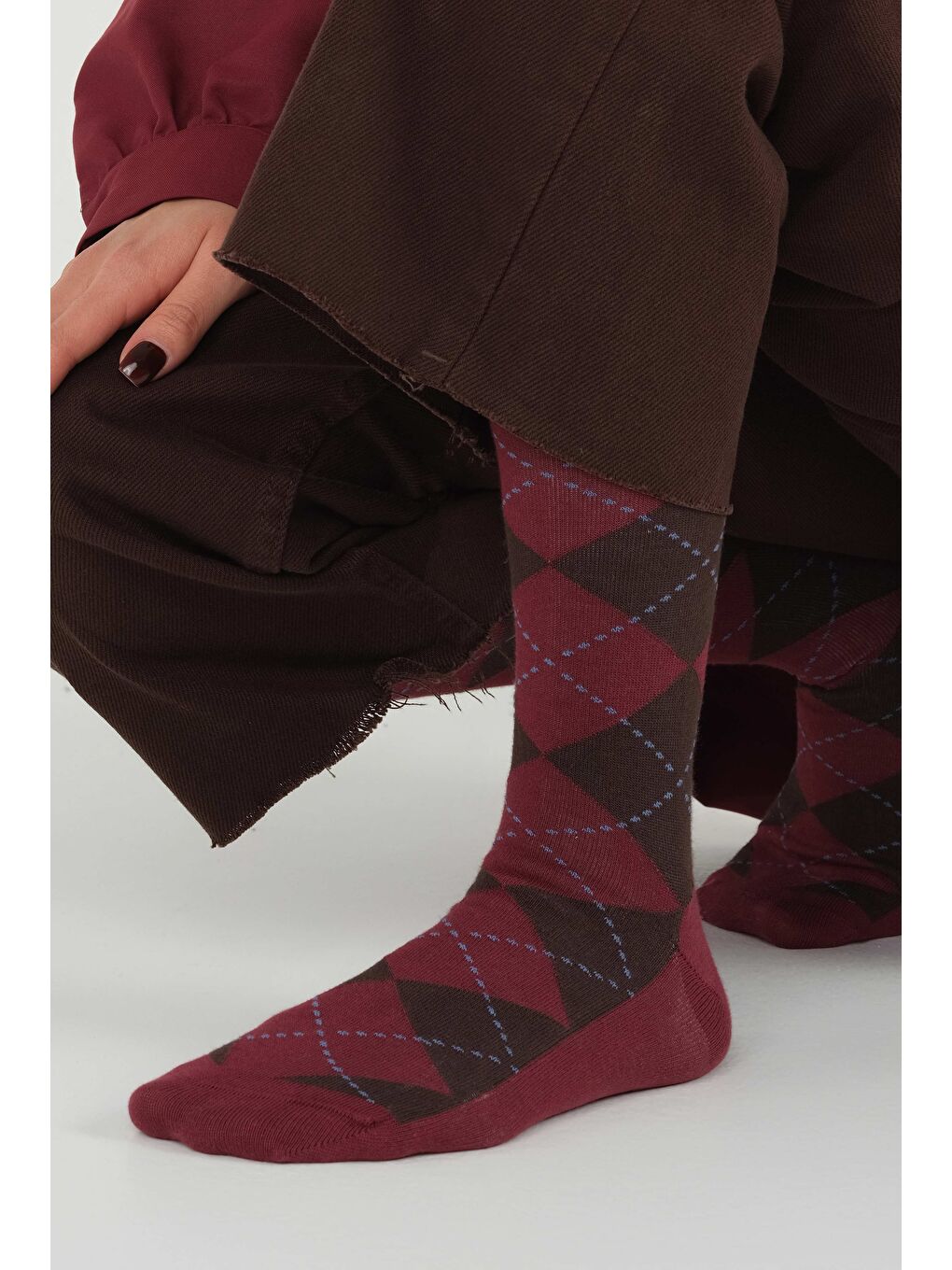 Baklava Desen Diz Altı Çorap Bordo-Acı Kahve
