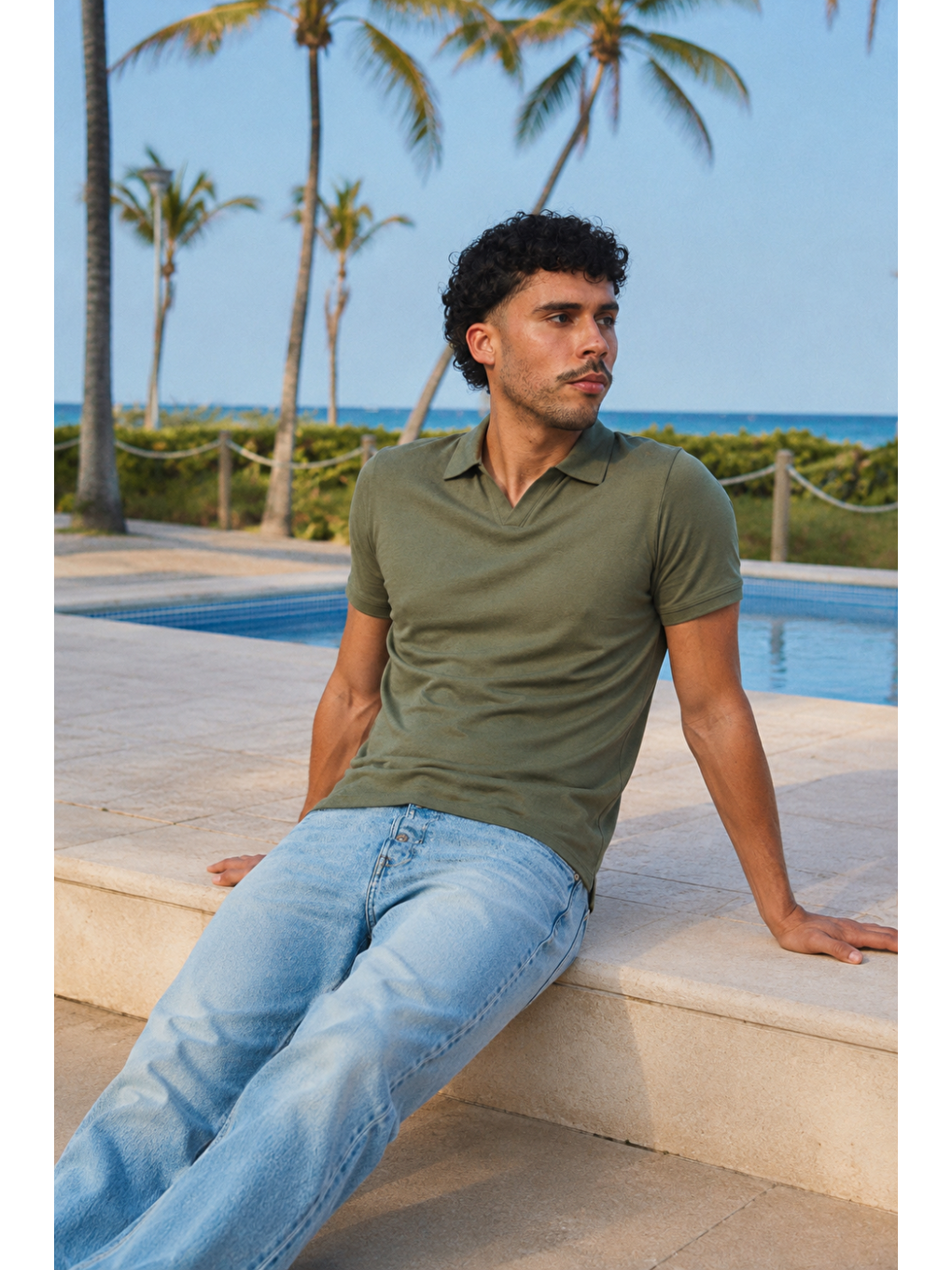 Erkek Trend Polo Yaka Günlük Haki Tişört-1