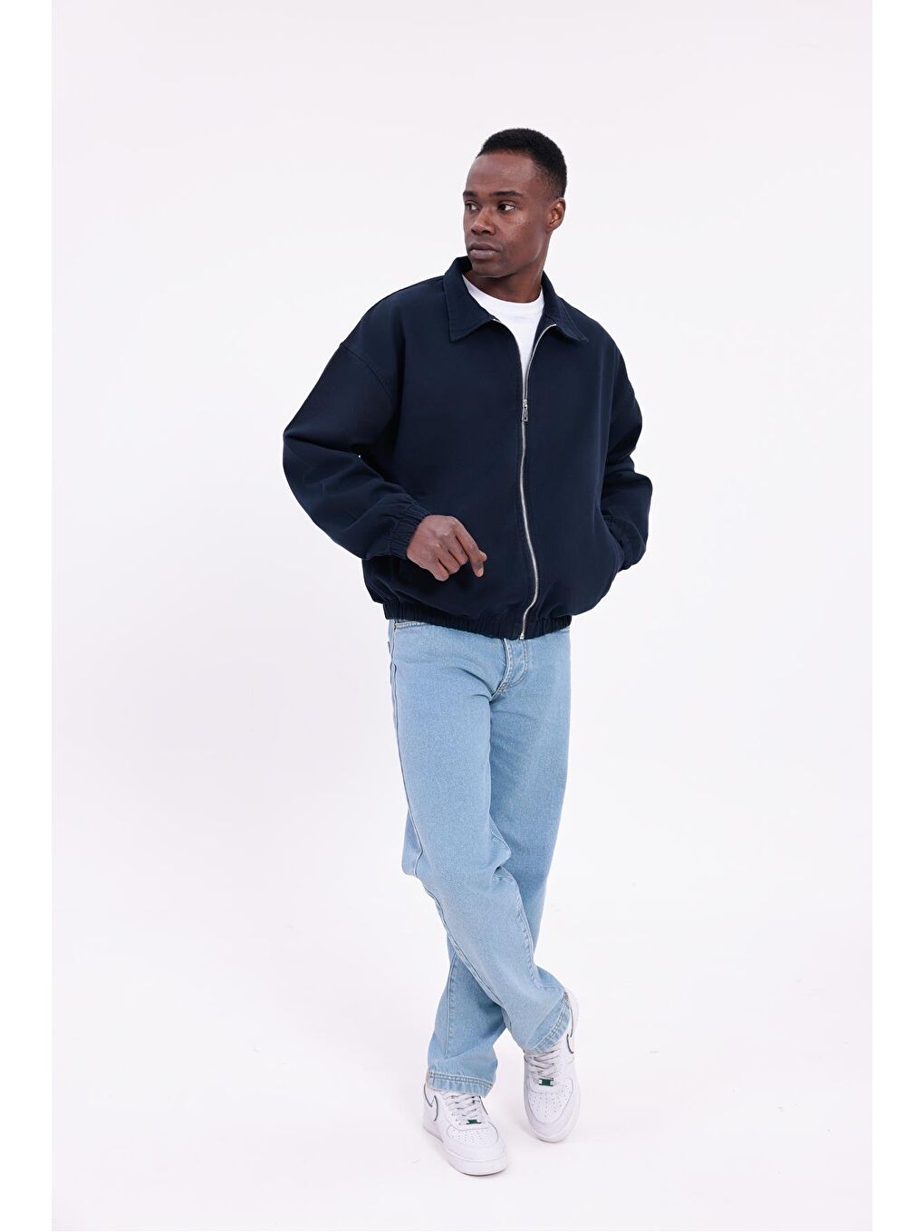 Lacivert Erkek Basic Gabardin Kumaş Fermuarlı Oversize Mevsimlik Polo Yaka Ceket-4