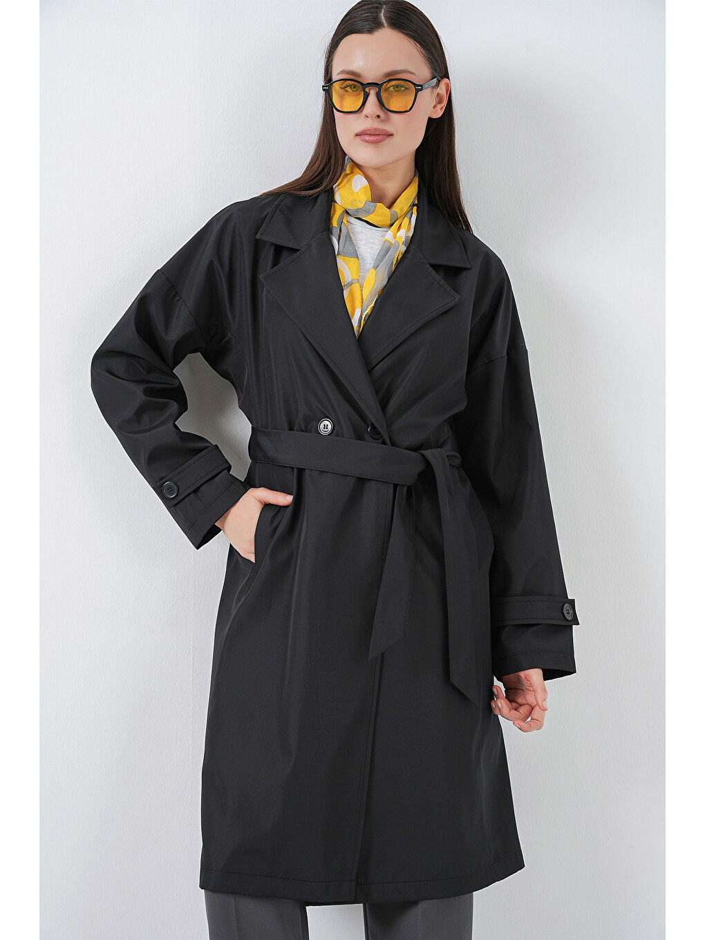 Kadın Kruvaze Yaka Trençkot 5987 - Siyah