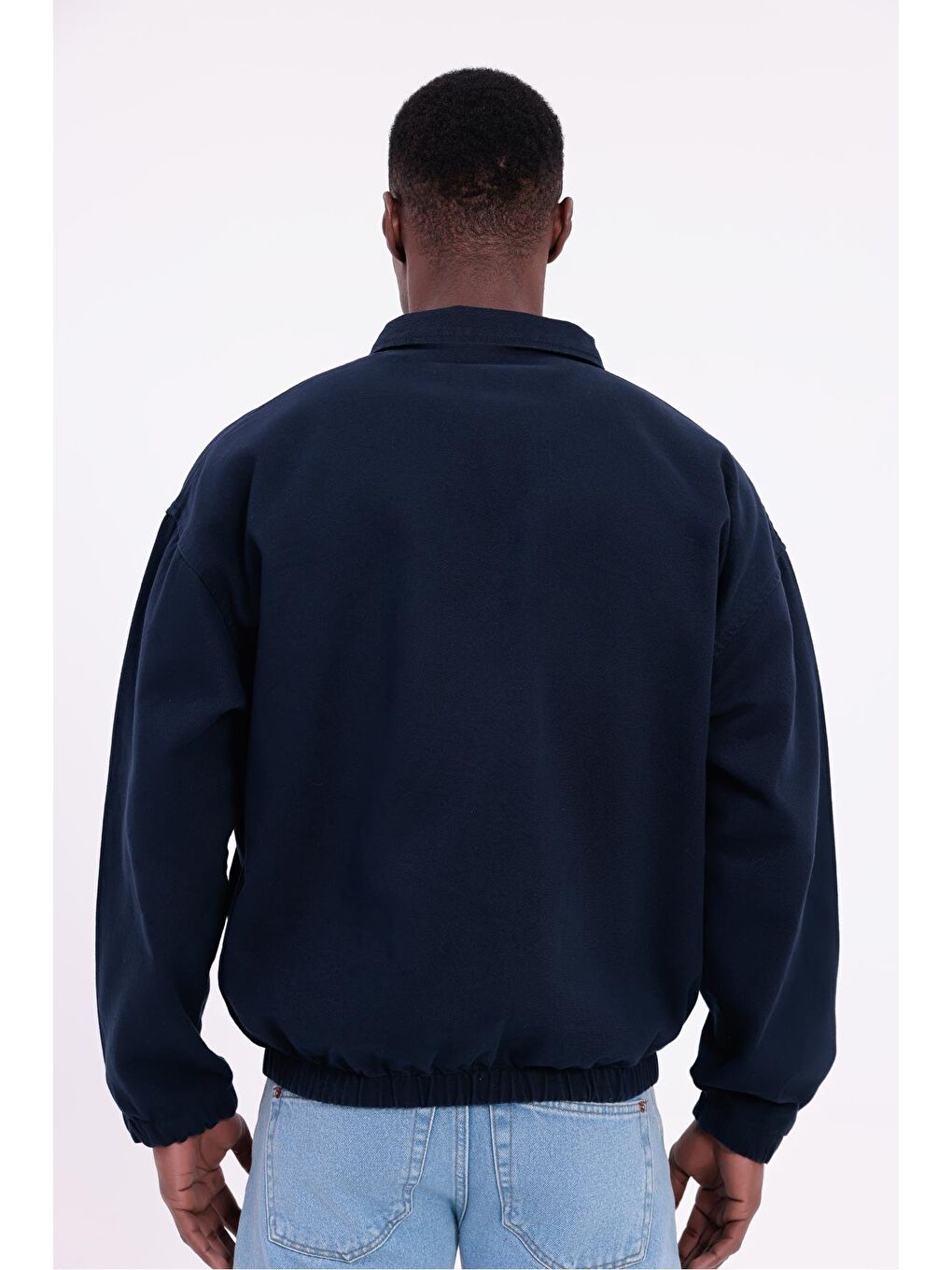 Lacivert Erkek Basic Gabardin Kumaş Fermuarlı Oversize Mevsimlik Polo Yaka Ceket-5