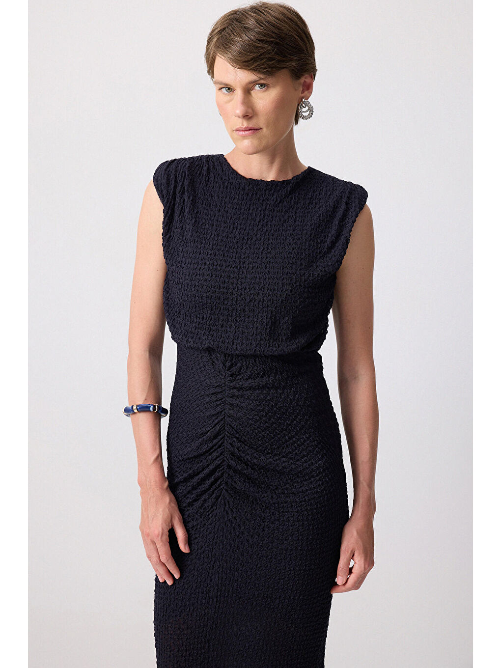 Lacivert Büzgü Detaylı Elbise-1