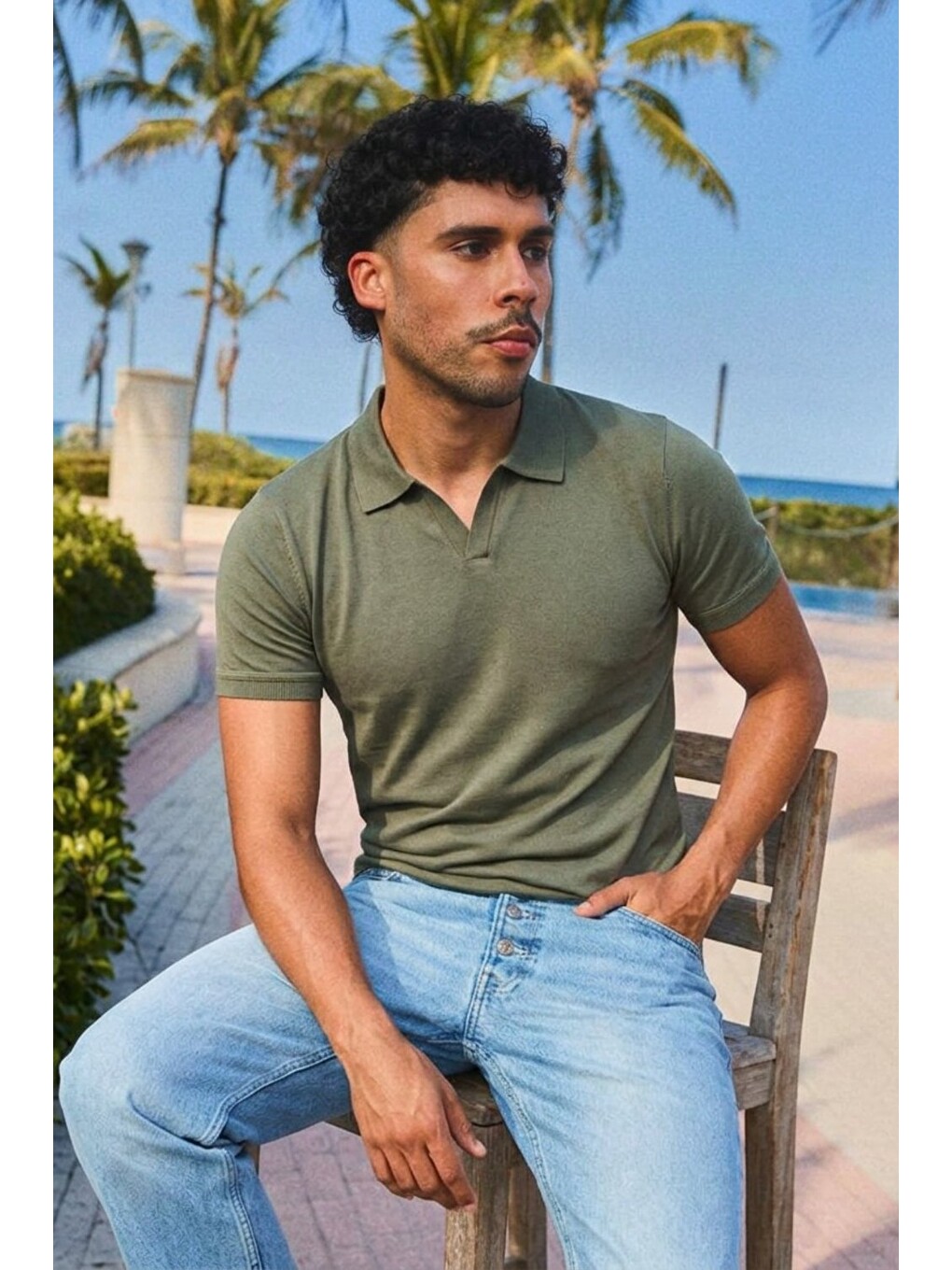 Erkek Trend Polo Yaka Günlük Haki Tişört-3