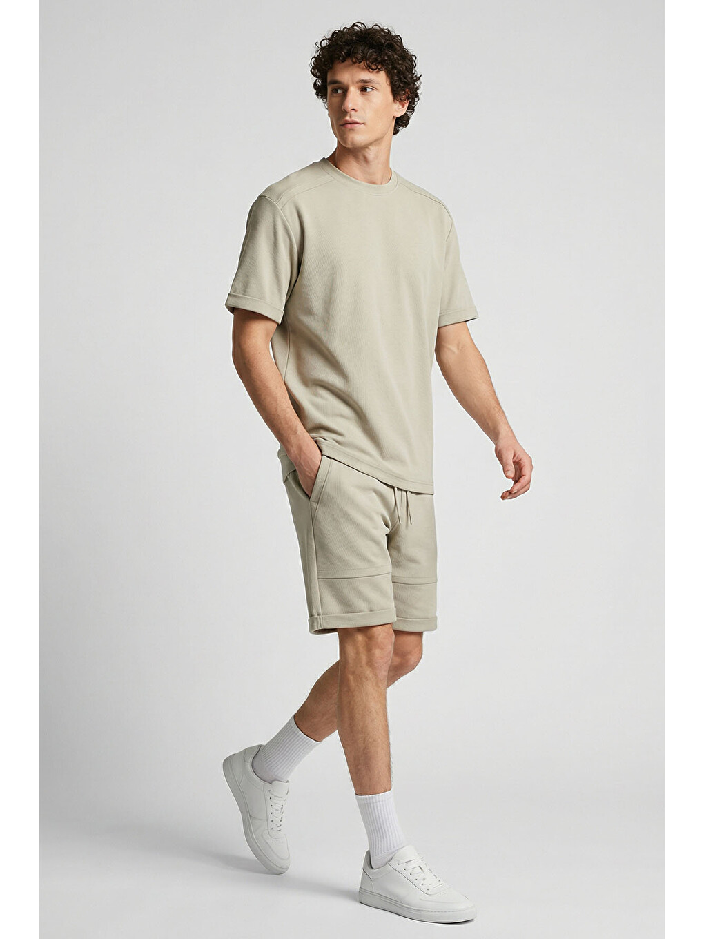 Bej Oversize Fit Yumuşak Dokulu Basic Erkek Şort Takım - 85274