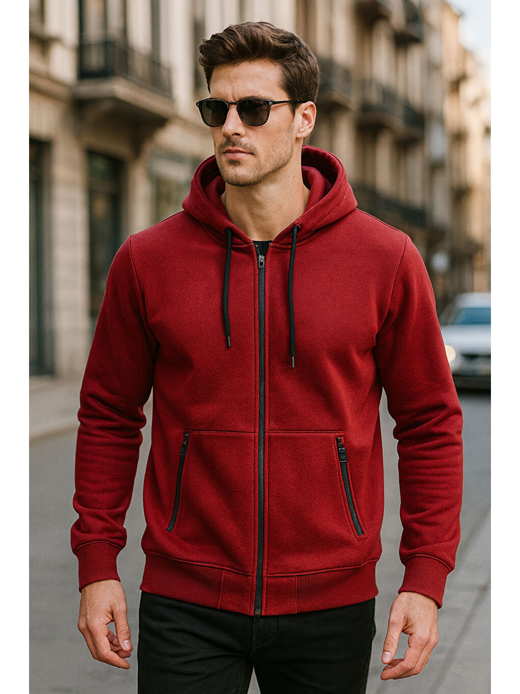 Erkek Kapüşonlu Tek Üst Fermuarlı Sweatshirt REU-25723 Bordo-2