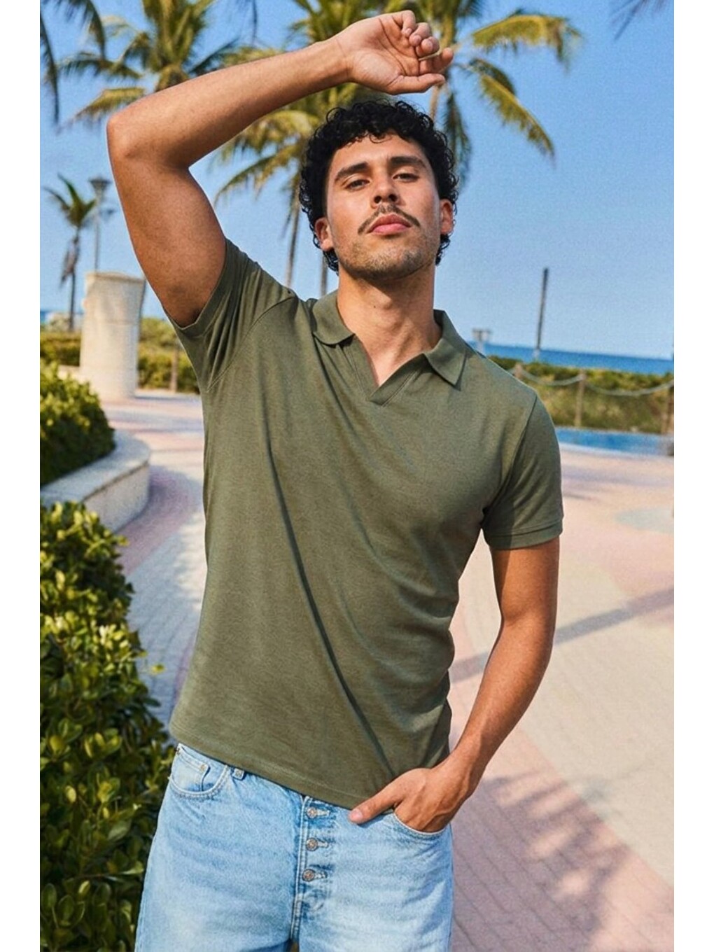 Erkek Trend Polo Yaka Günlük Haki Tişört-4