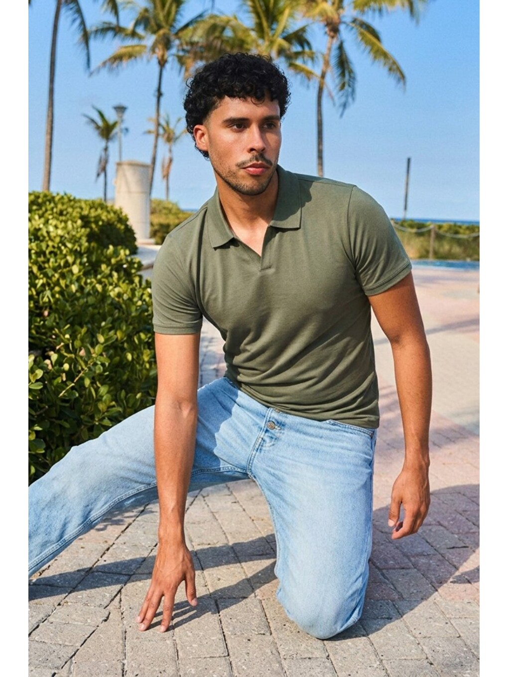 Erkek Trend Polo Yaka Günlük Haki Tişört-5