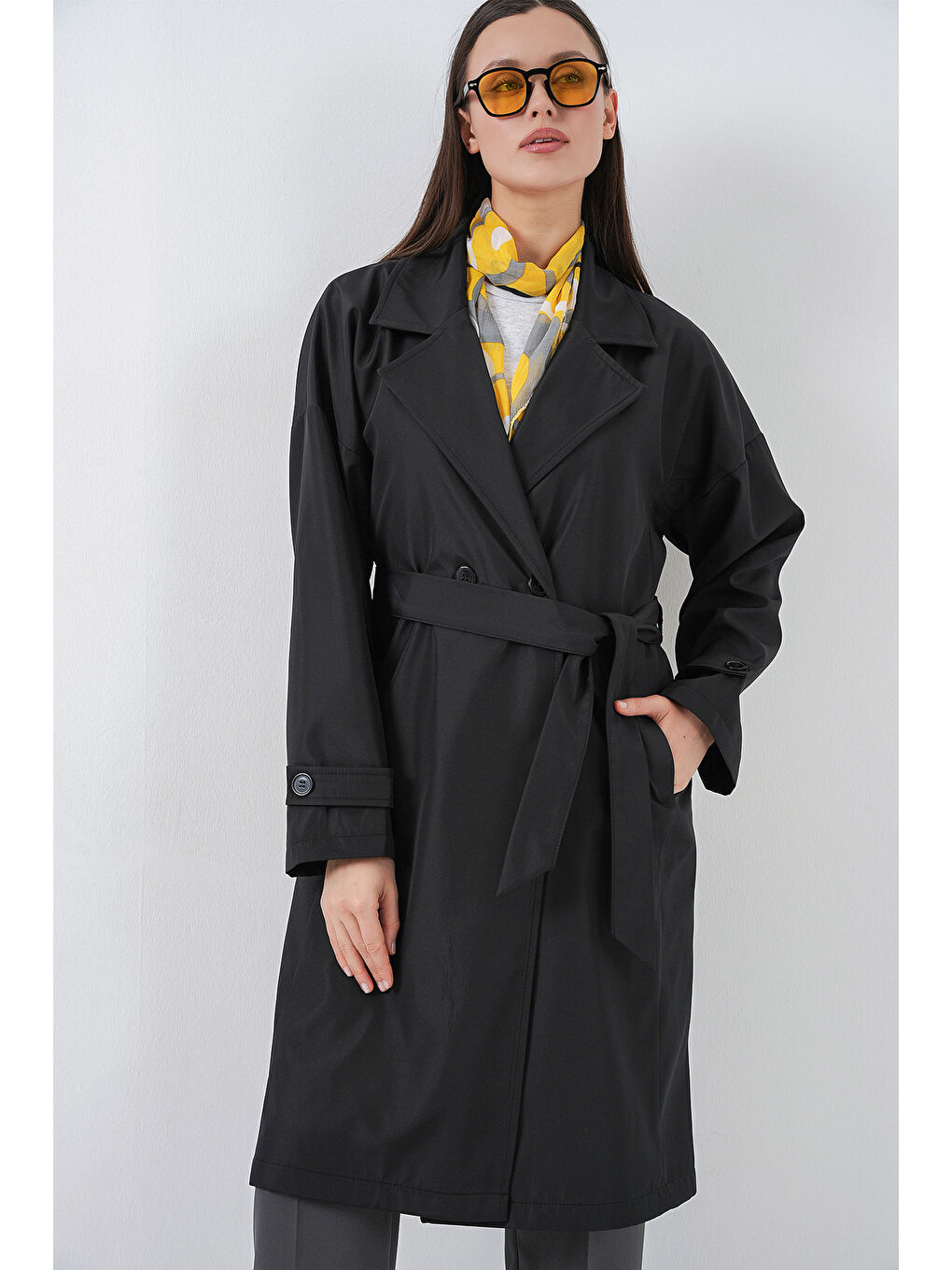 Kadın Kruvaze Yaka Trençkot 5987 - Siyah-2