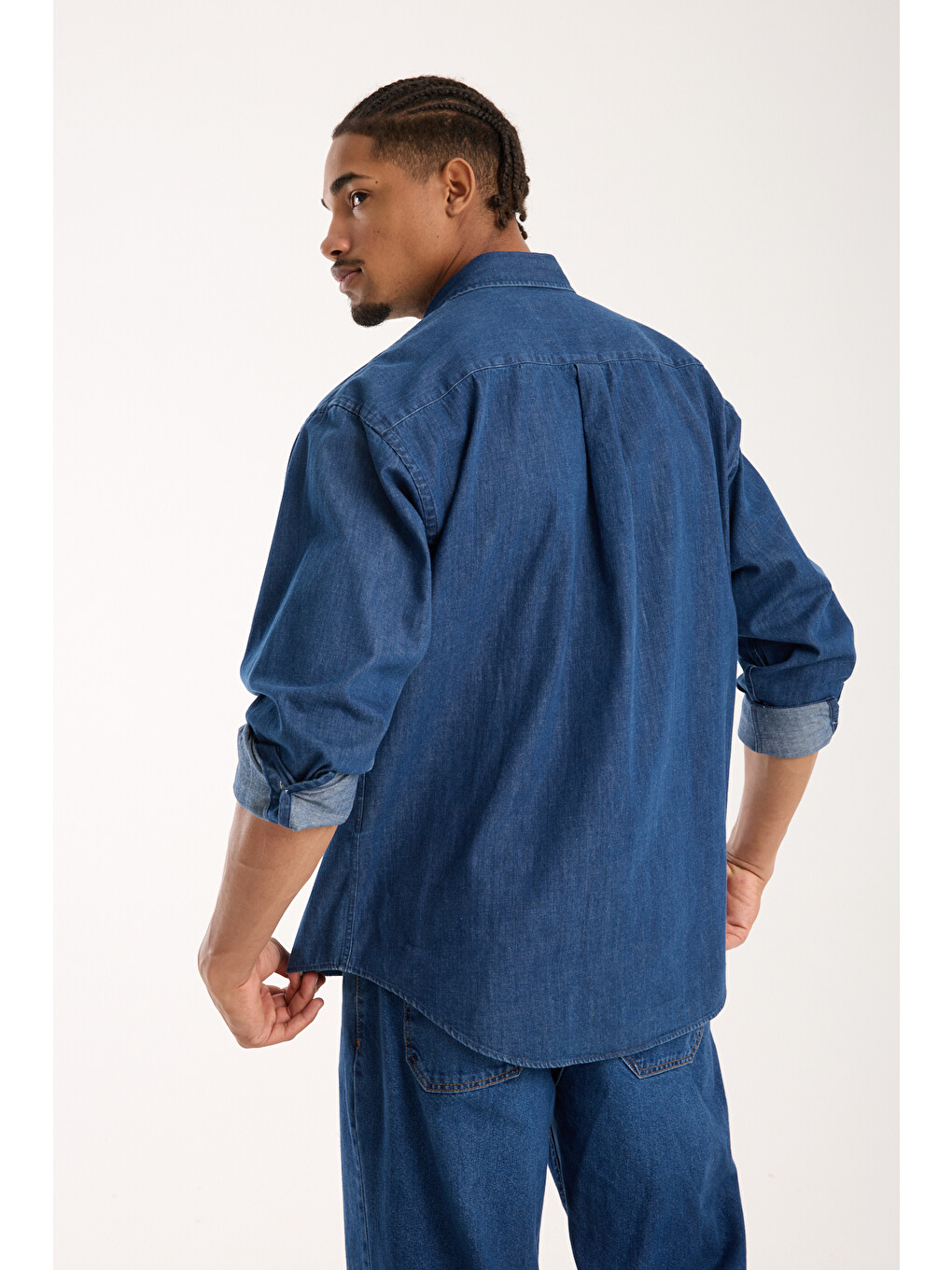 Rio Denim Pamuklu Oversize Fit Lacivert Klasik Yaka Erkek Düz Gömlek-4