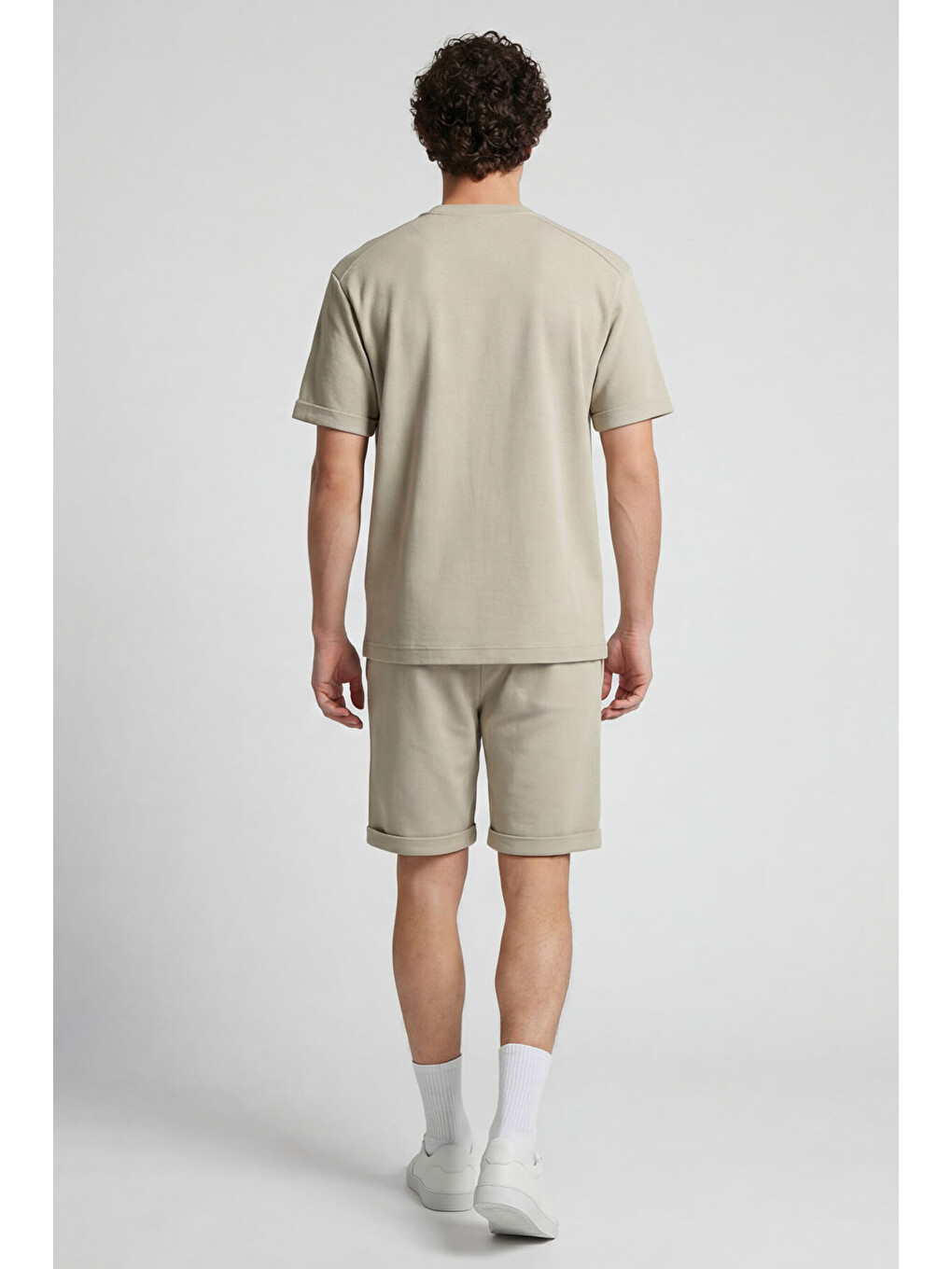Bej Oversize Fit Yumuşak Dokulu Basic Erkek Şort Takım - 85274-3