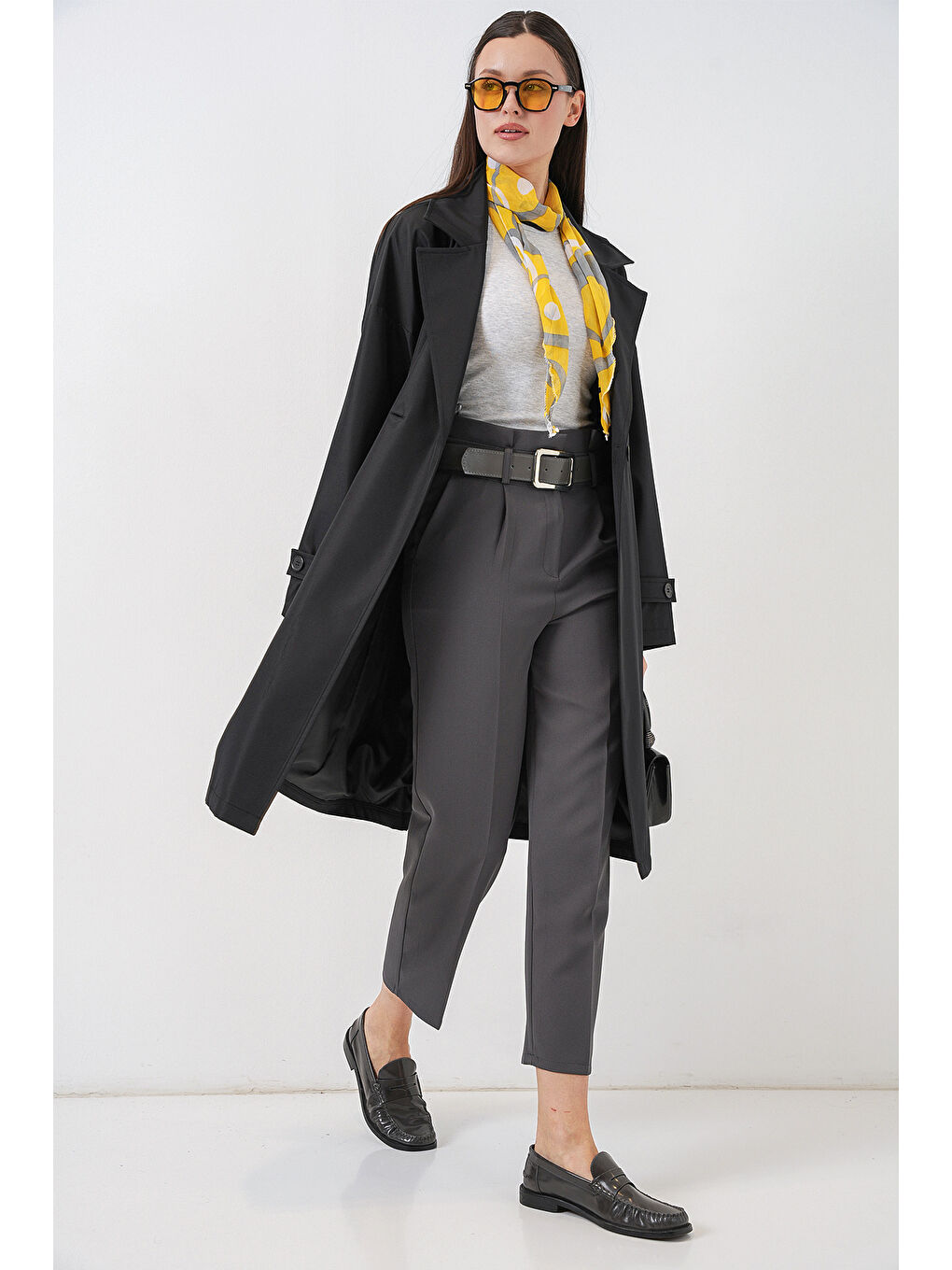 Kadın Kruvaze Yaka Trençkot 5987 - Siyah-3