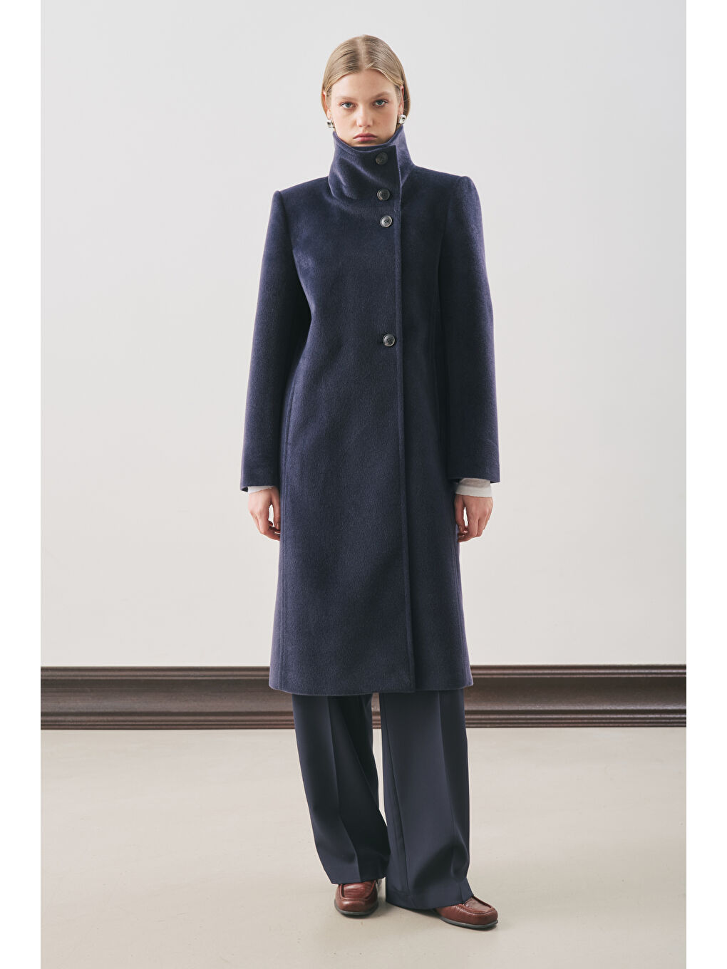 Premıum Kaşe Trench Tasarımlı Kaban Lacivert-1