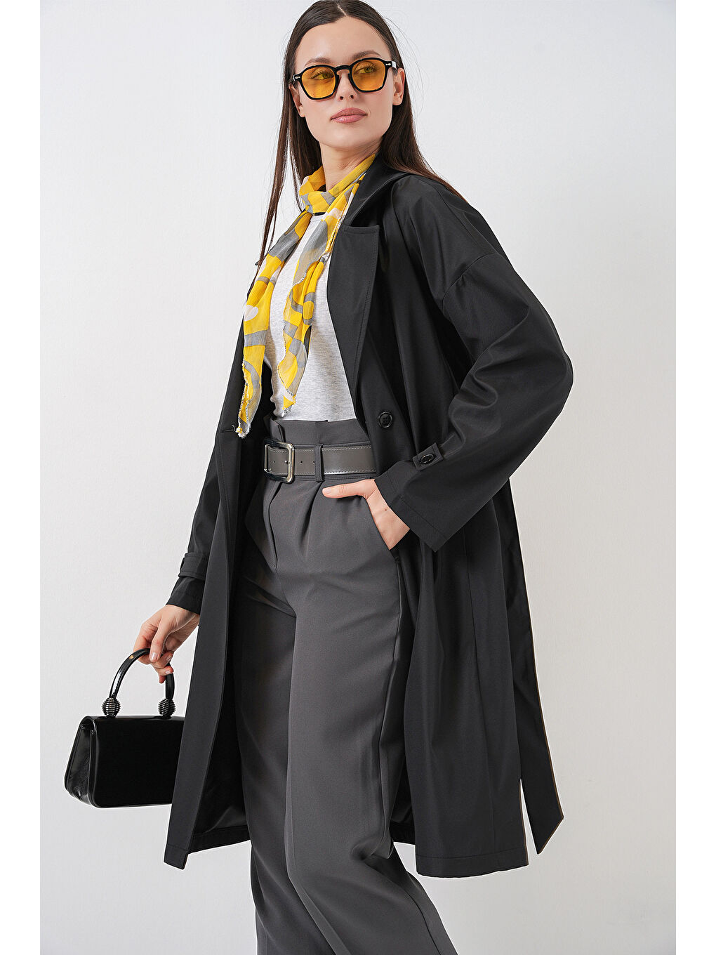 Kadın Kruvaze Yaka Trençkot 5987 - Siyah-4