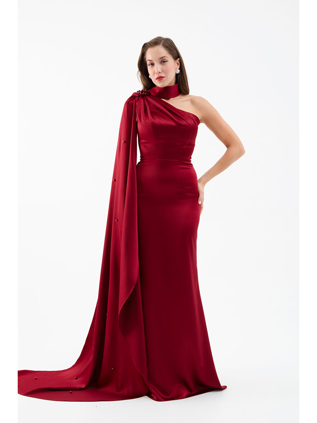 Kadın Bordo Şal Yaka İnci Söz Nişan Nikah Abiye Elbise-1