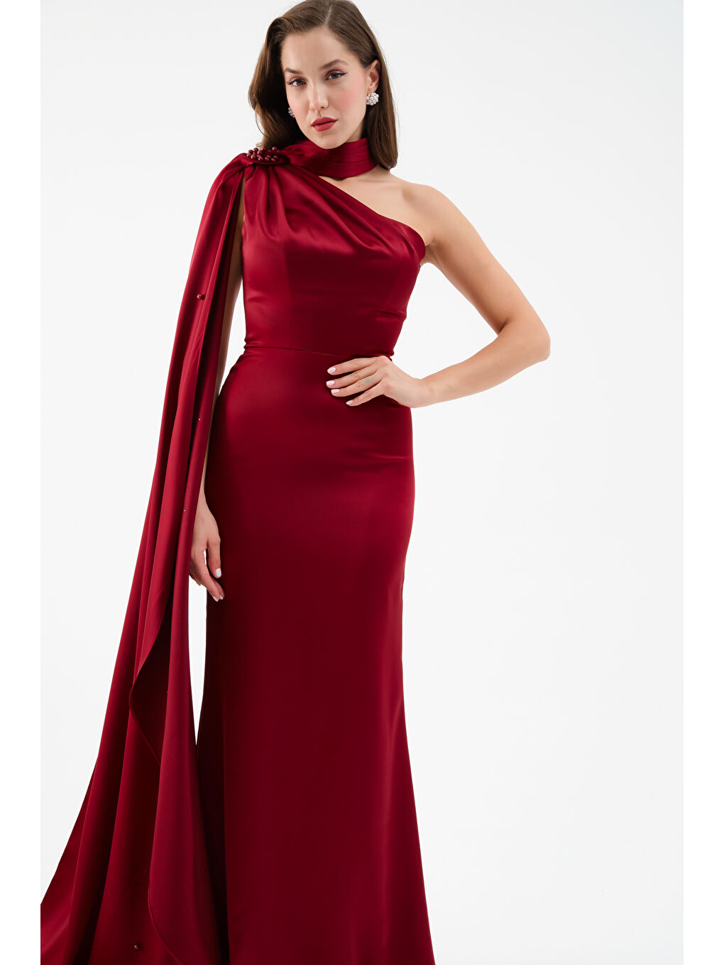 Kadın Bordo Şal Yaka İnci Söz Nişan Nikah Abiye Elbise-2