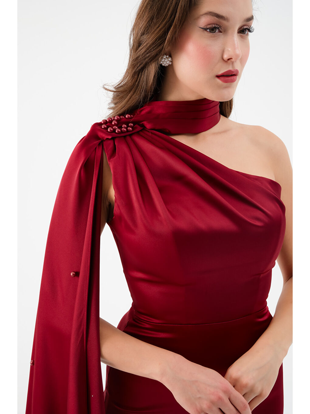 Kadın Bordo Şal Yaka İnci Söz Nişan Nikah Abiye Elbise-3