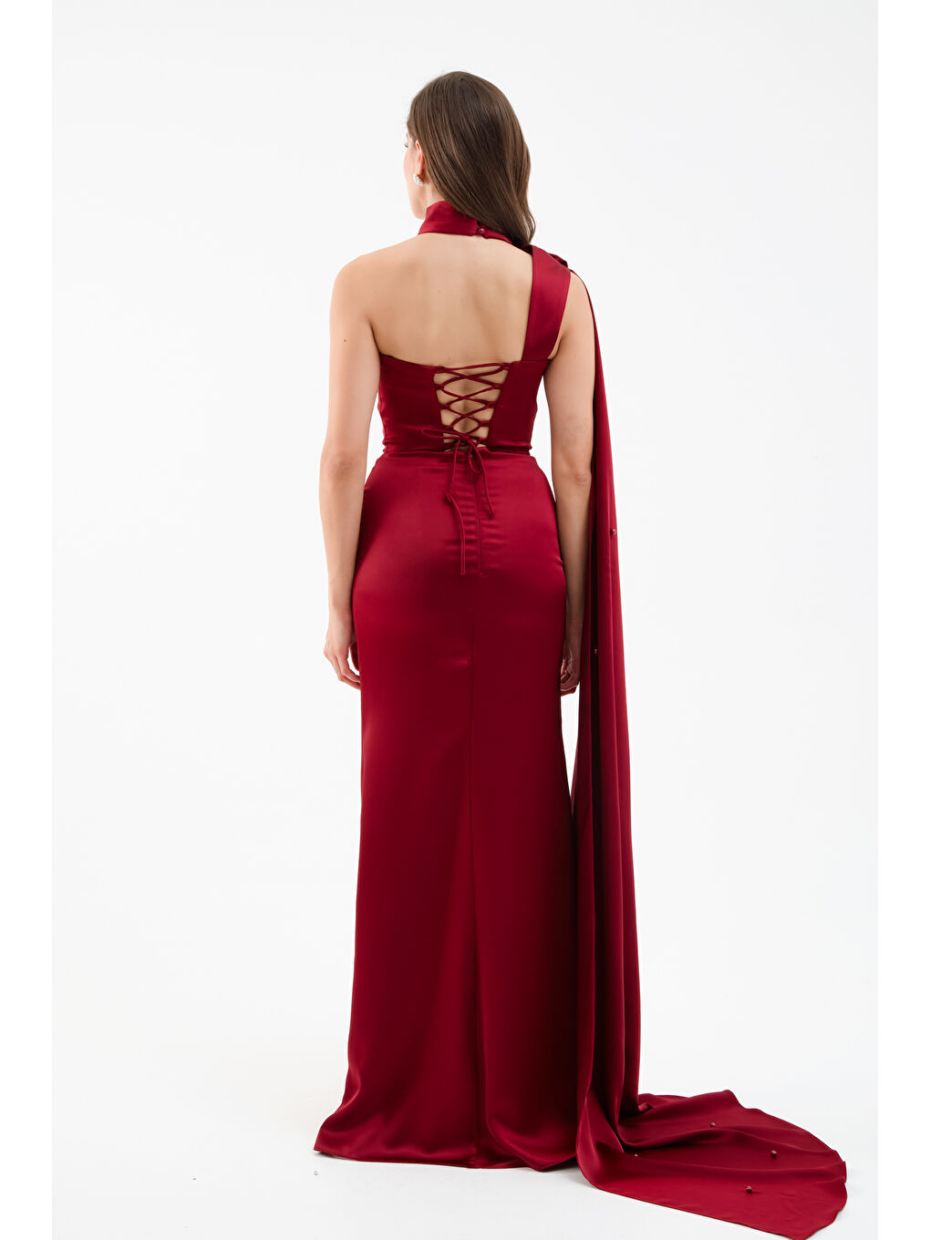 Kadın Bordo Şal Yaka İnci Söz Nişan Nikah Abiye Elbise-4