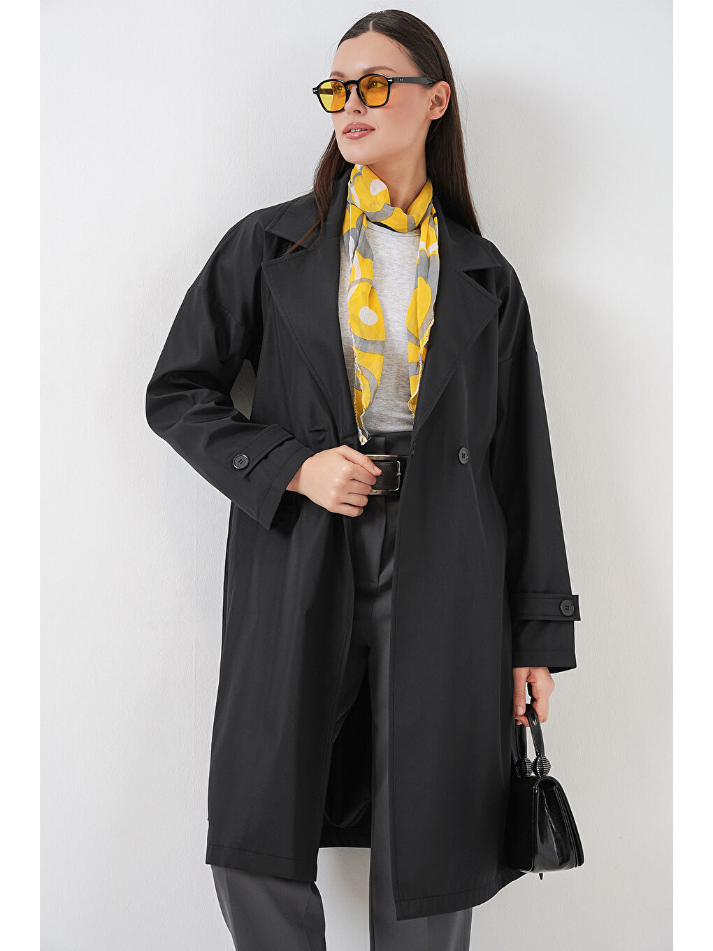 Kadın Kruvaze Yaka Trençkot 5987 - Siyah-5