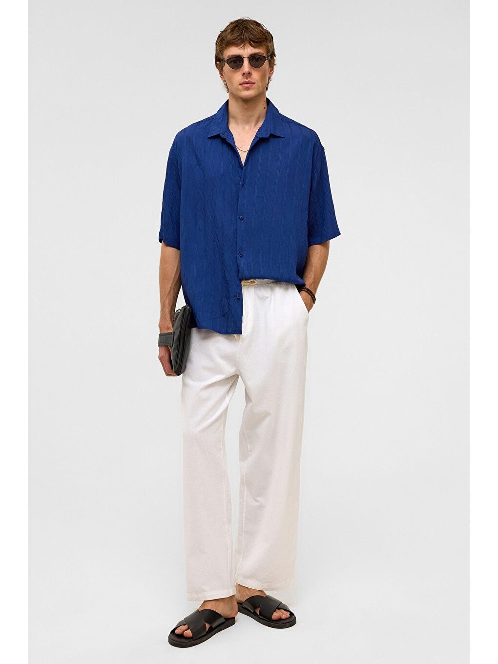 Oversize Çizgili Kısa Kollu Modal Kumaş Gömlek Lacivert