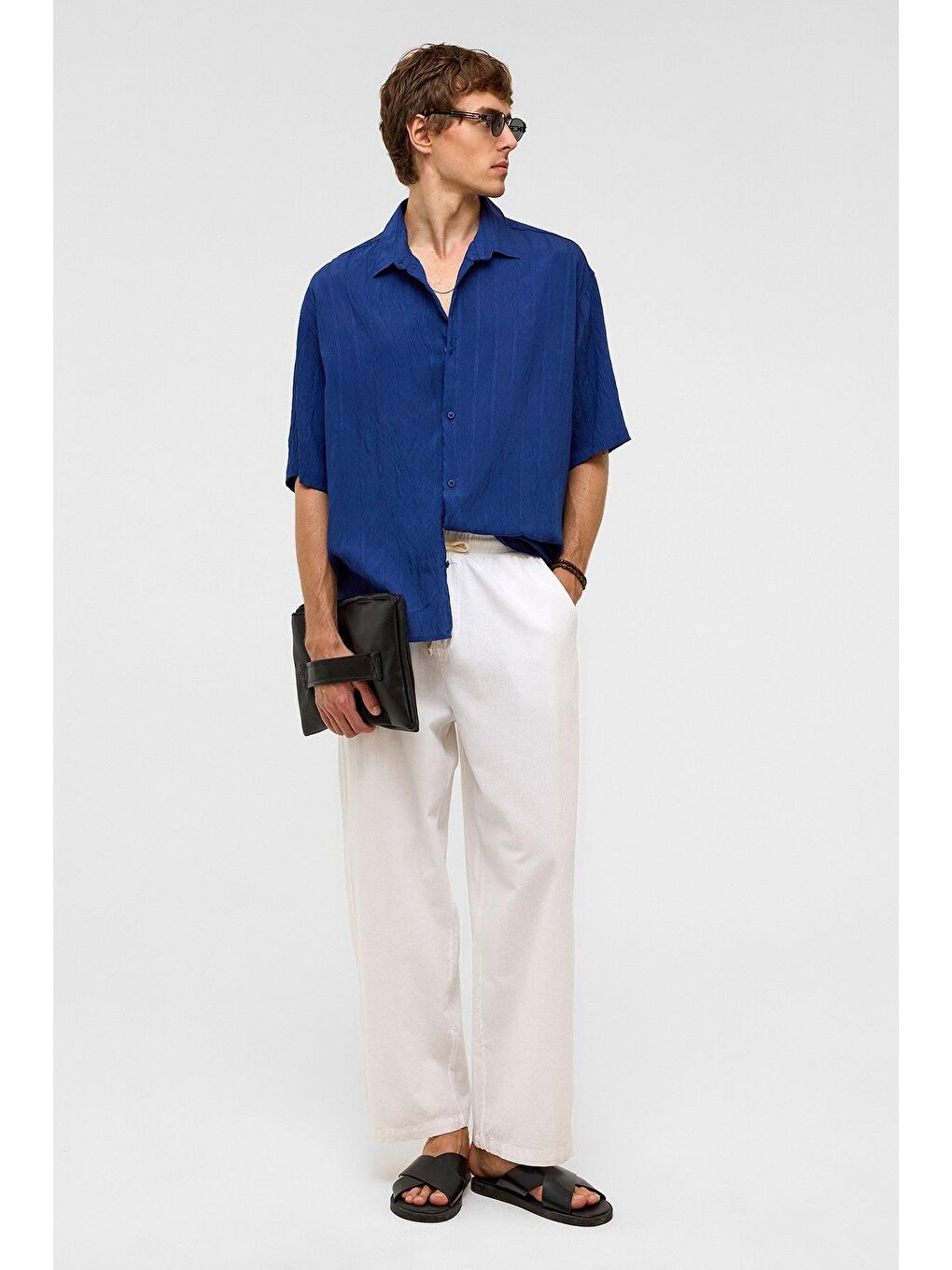 Oversize Çizgili Kısa Kollu Modal Kumaş Gömlek Lacivert-1