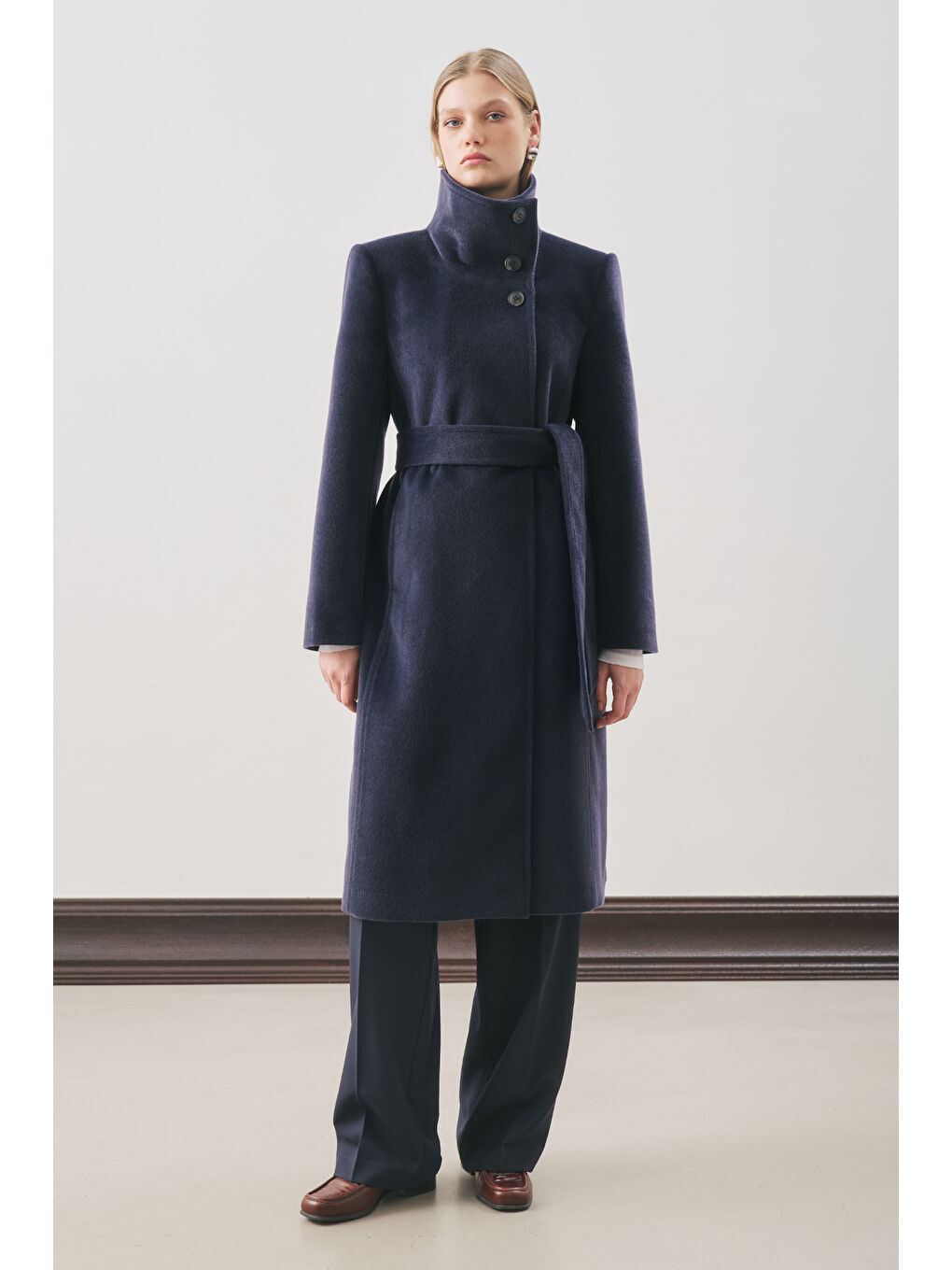 Premıum Kaşe Trench Tasarımlı Kaban Lacivert-2