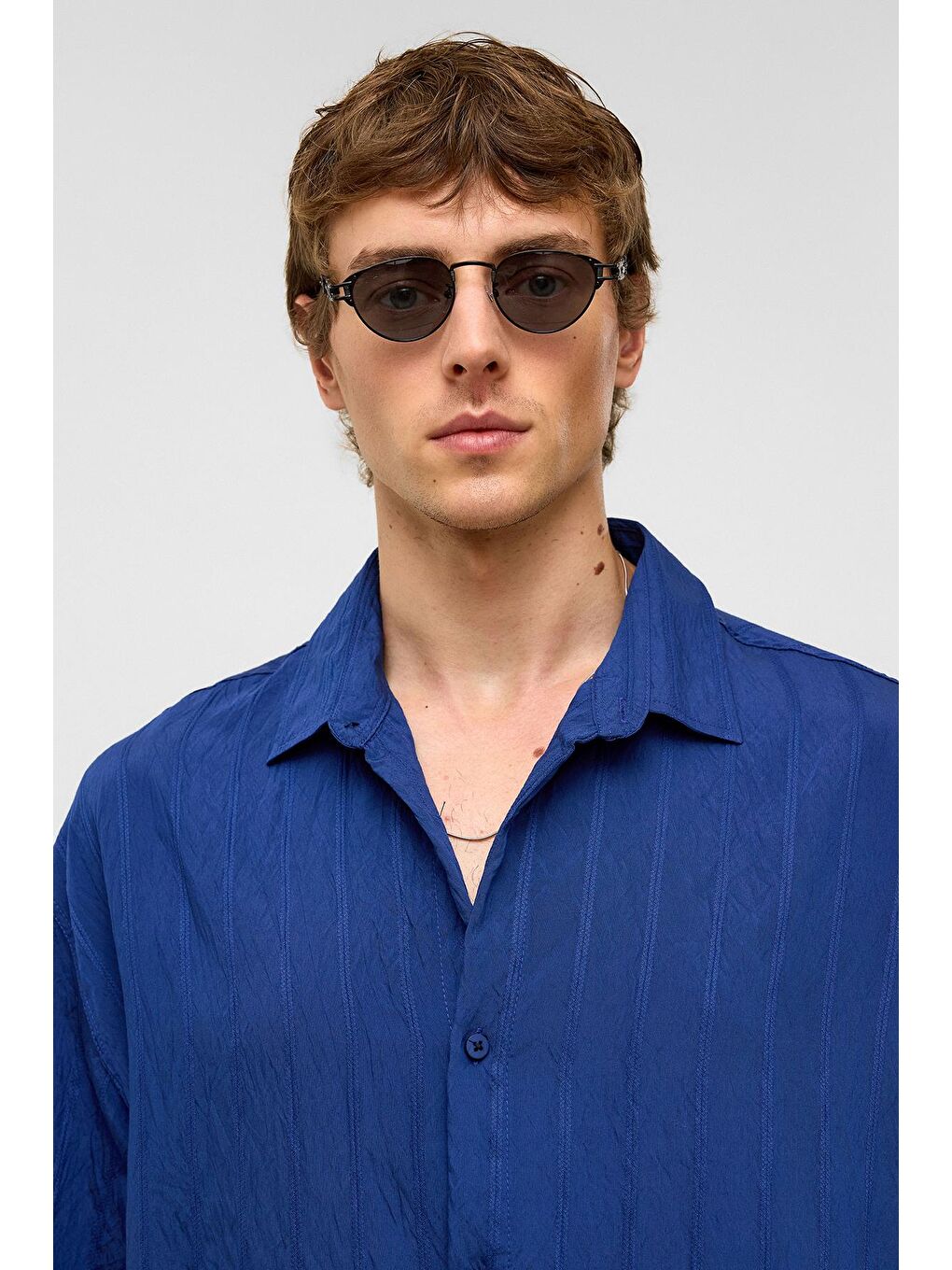 Oversize Çizgili Kısa Kollu Modal Kumaş Gömlek Lacivert-3