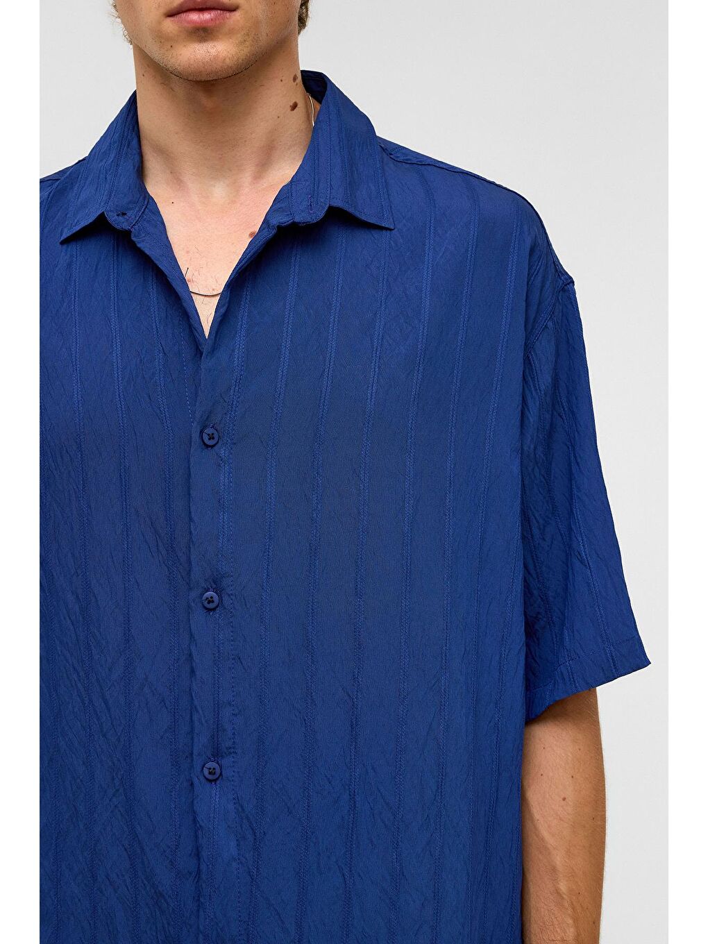 Oversize Çizgili Kısa Kollu Modal Kumaş Gömlek Lacivert-4