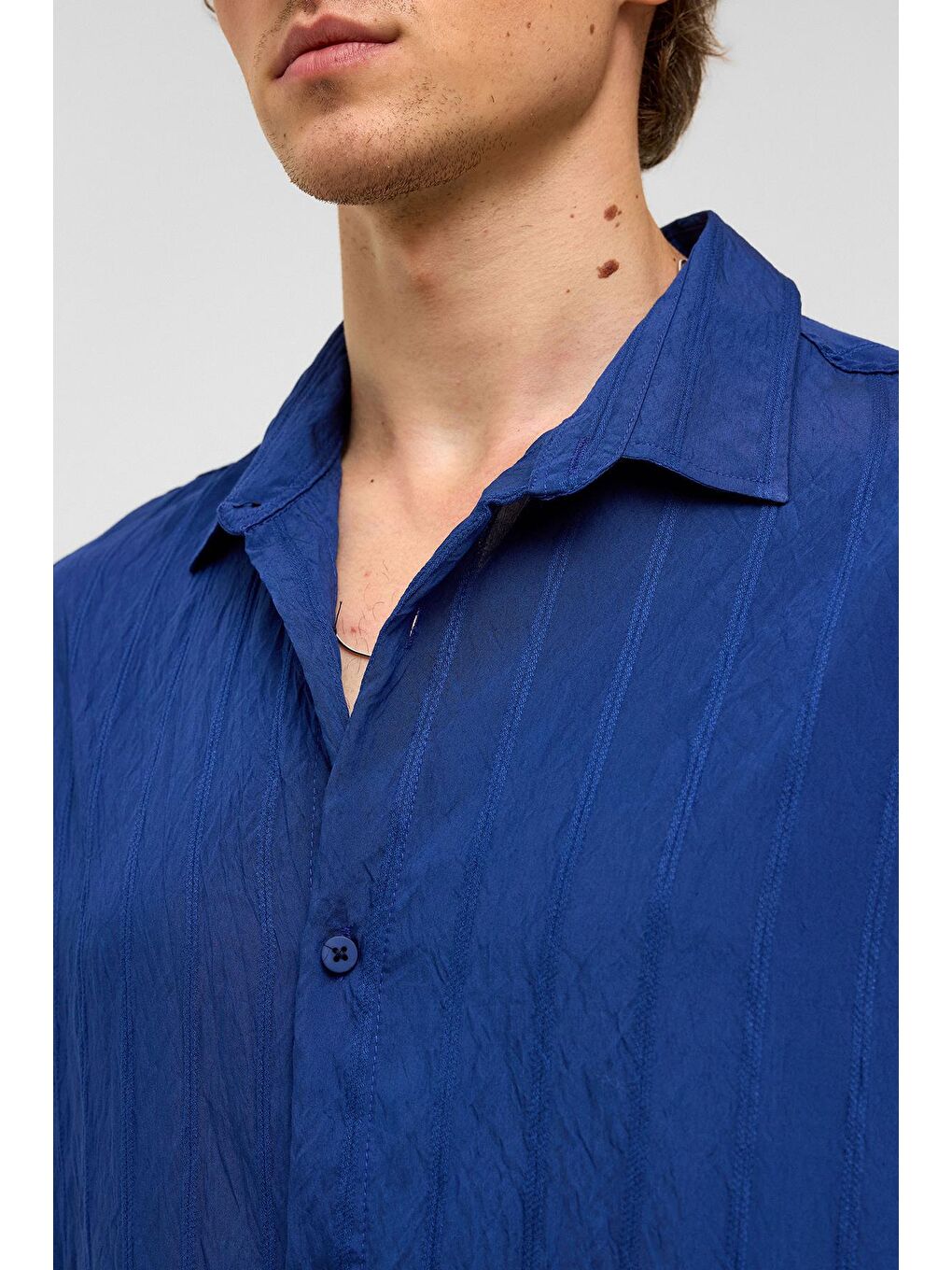 Oversize Çizgili Kısa Kollu Modal Kumaş Gömlek Lacivert-5