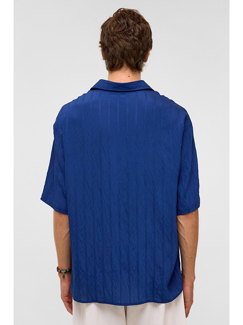 Oversize Çizgili Kısa Kollu Modal Kumaş Gömlek Lacivert-7