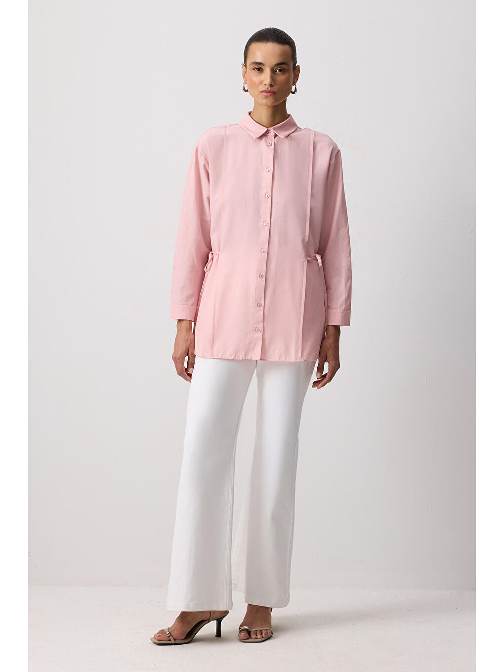 Pembe Bağcıklı Poplin Gömlek-1