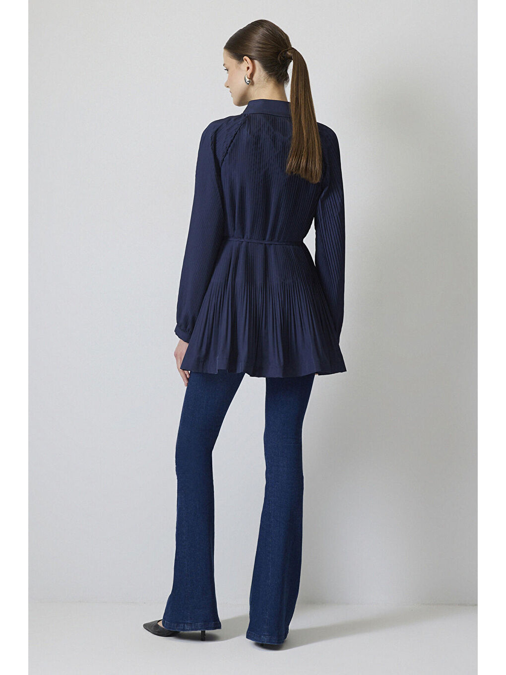 Lacivert Pileli Önü Fermuarlı Ceket-3