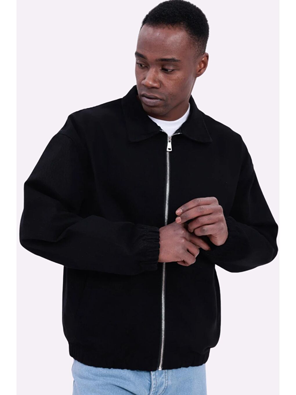 Siyah Erkek Basic Gabardin Kumaş Fermuarlı Oversize Mevsimlik Polo Yaka Ceket