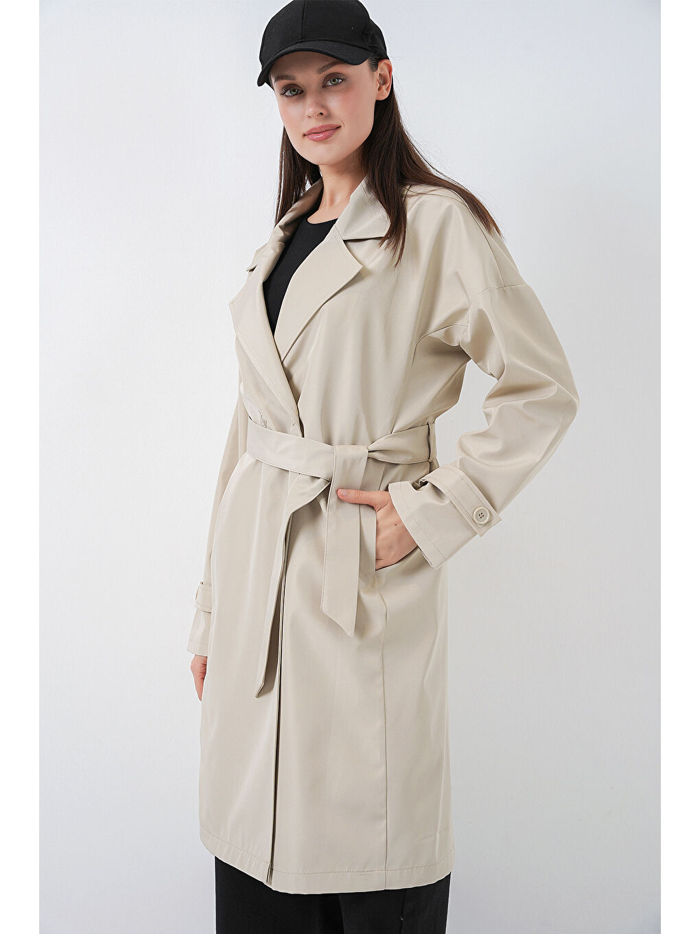 Kadın Kruvaze Yaka Trençkot 5987 - Bej-5