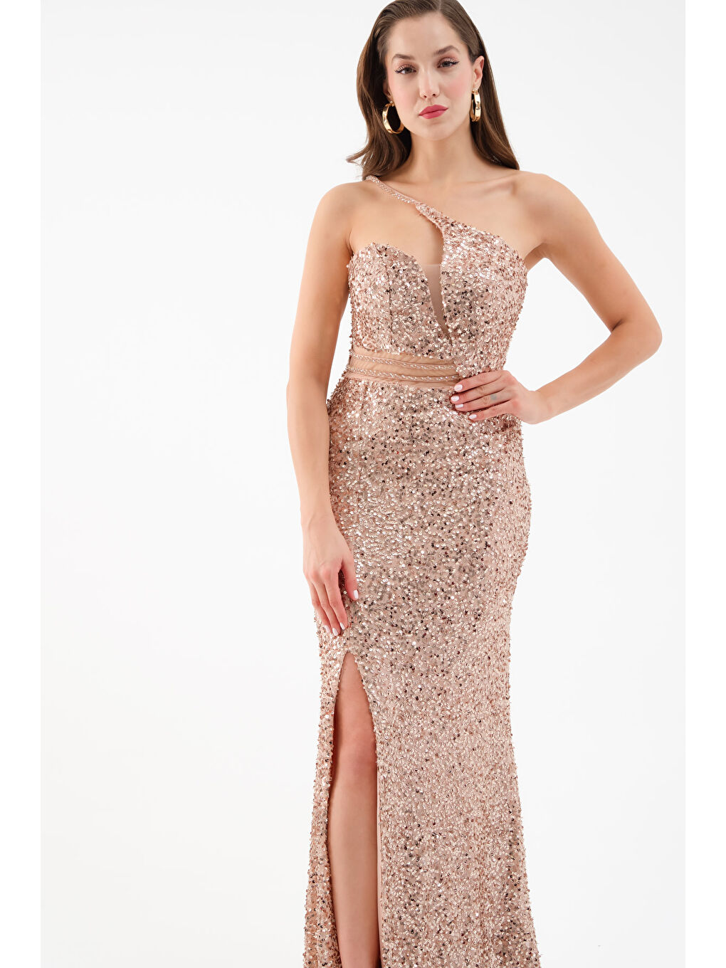 Sarı Kadın Gold Bel Transparan Yırtmaçlı Payetli Uzun Abiye Elbise-1