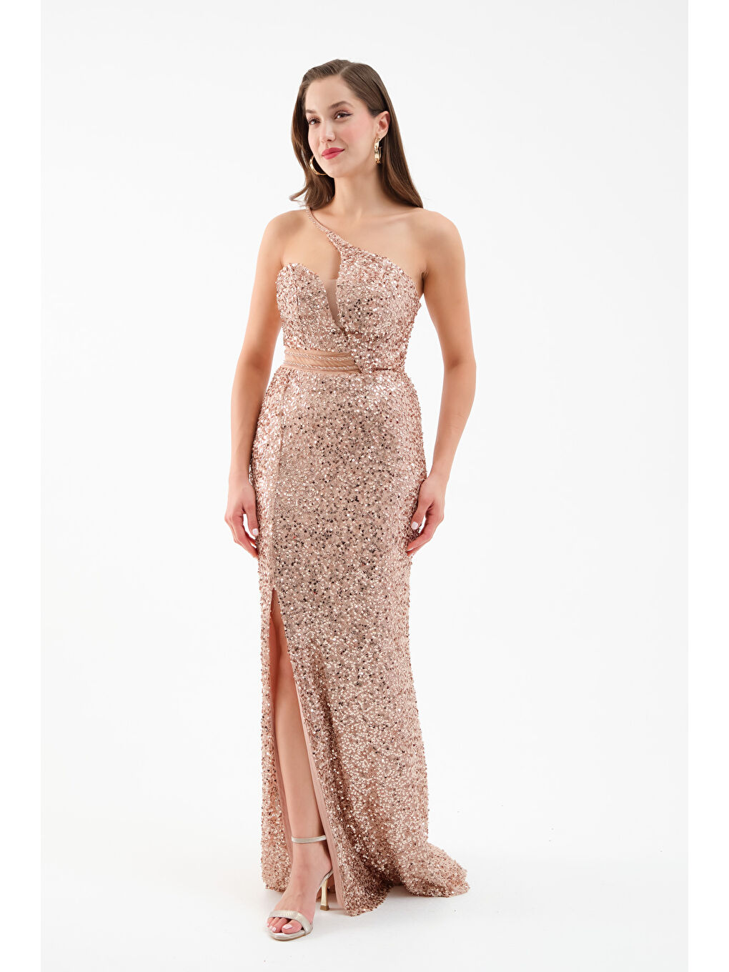 Sarı Kadın Gold Bel Transparan Yırtmaçlı Payetli Uzun Abiye Elbise-2